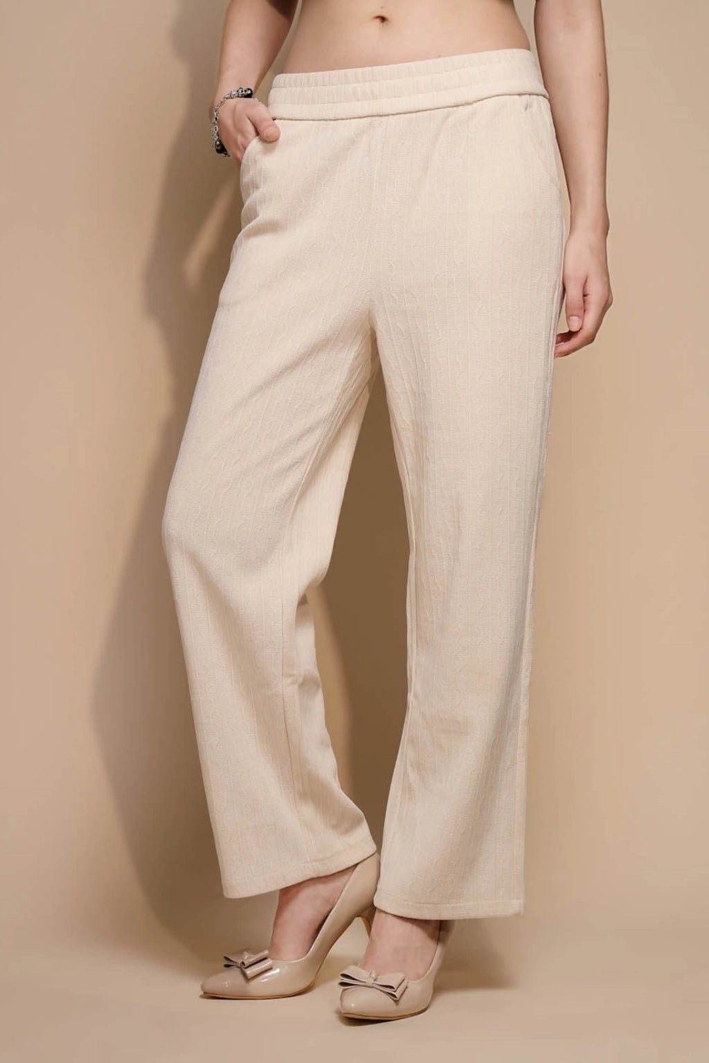 White Solid High Rise Cotton Blend Lower