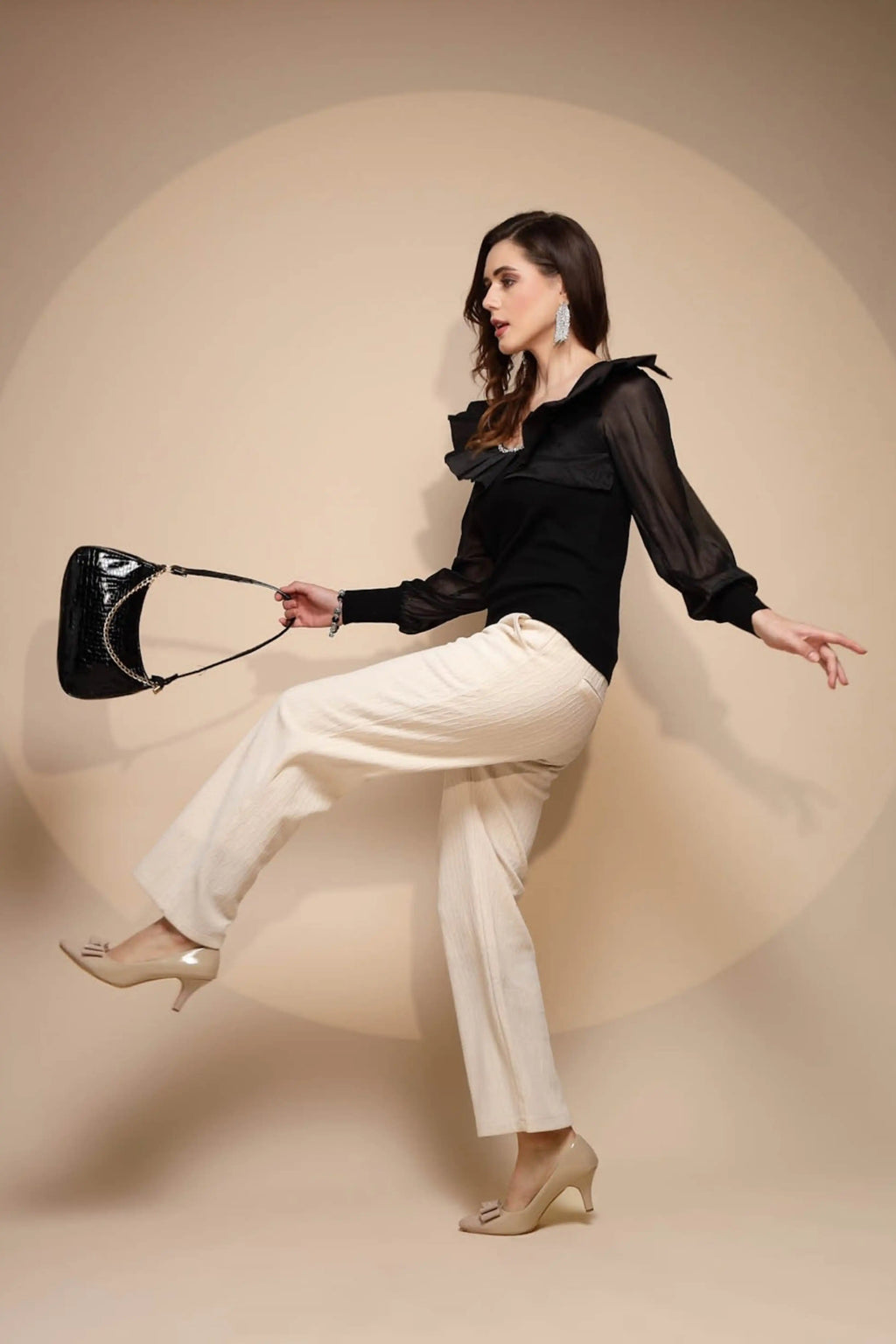 White Solid High Rise Cotton Blend Lower