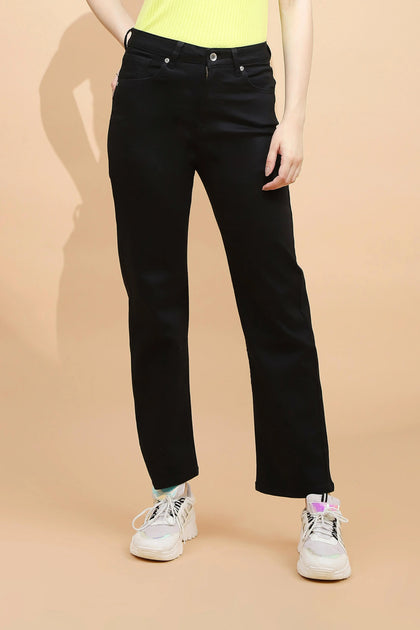 Black Cotton Blend Straight Fit Trouser