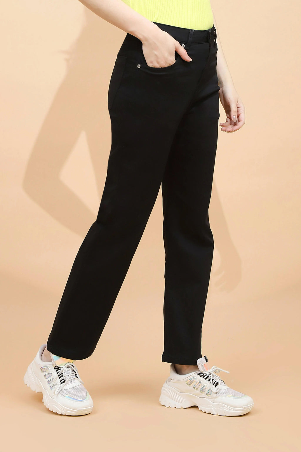 Black Cotton Blend Straight Fit Trouser