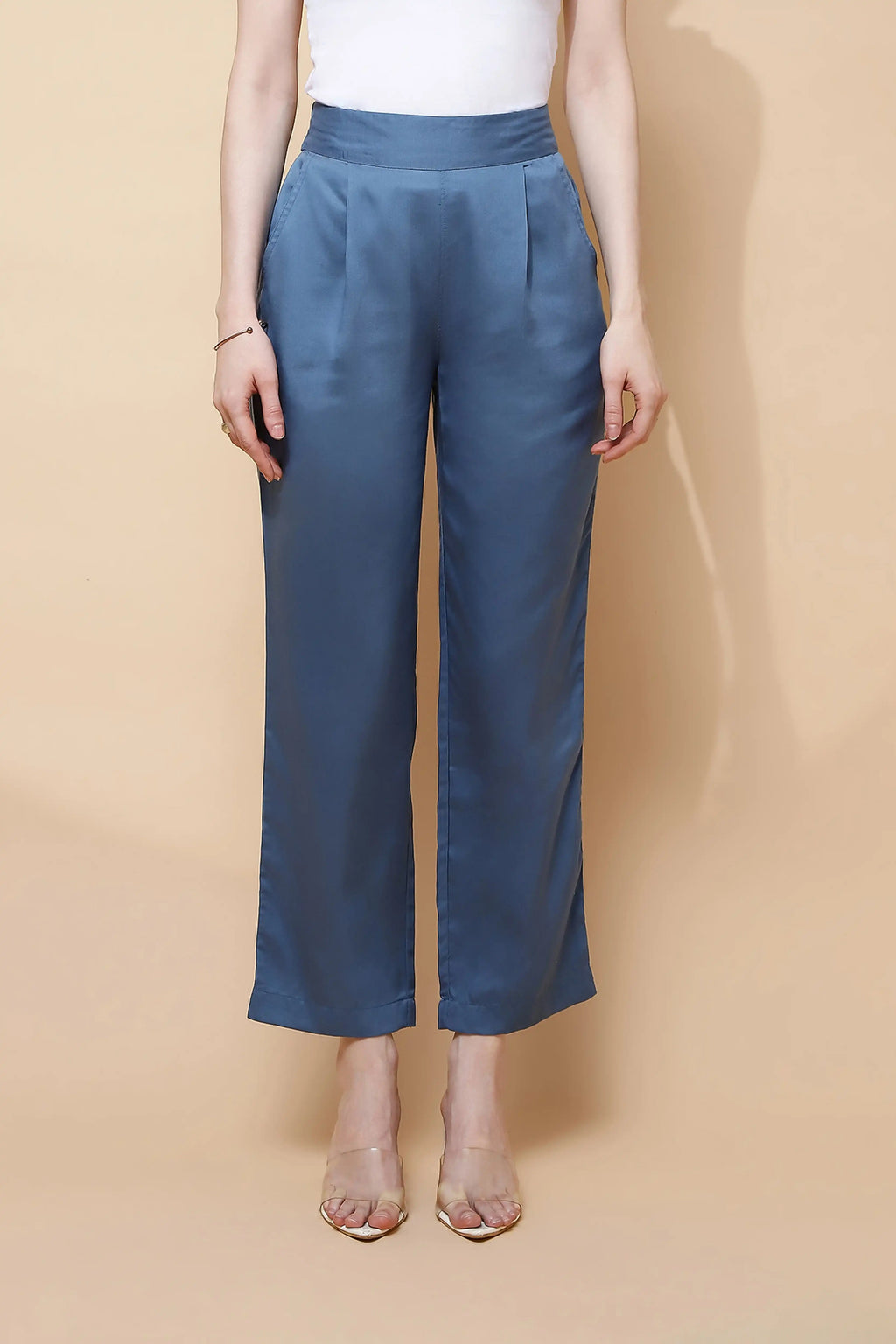 Blue Cotton Viscose Straight Fit Pants