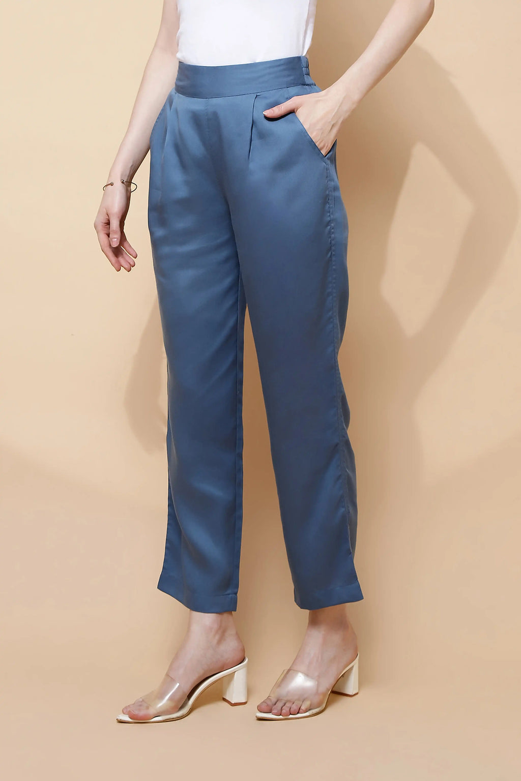 Blue Cotton Viscose Straight Fit Pants