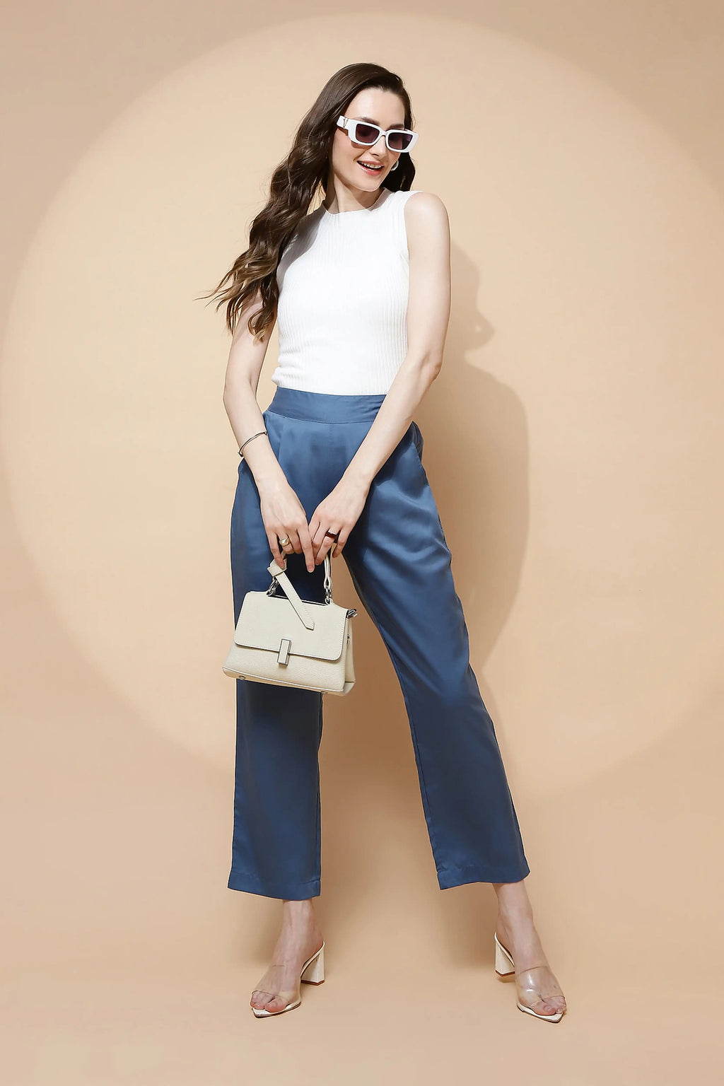 Blue Cotton Viscose Straight Fit Pants