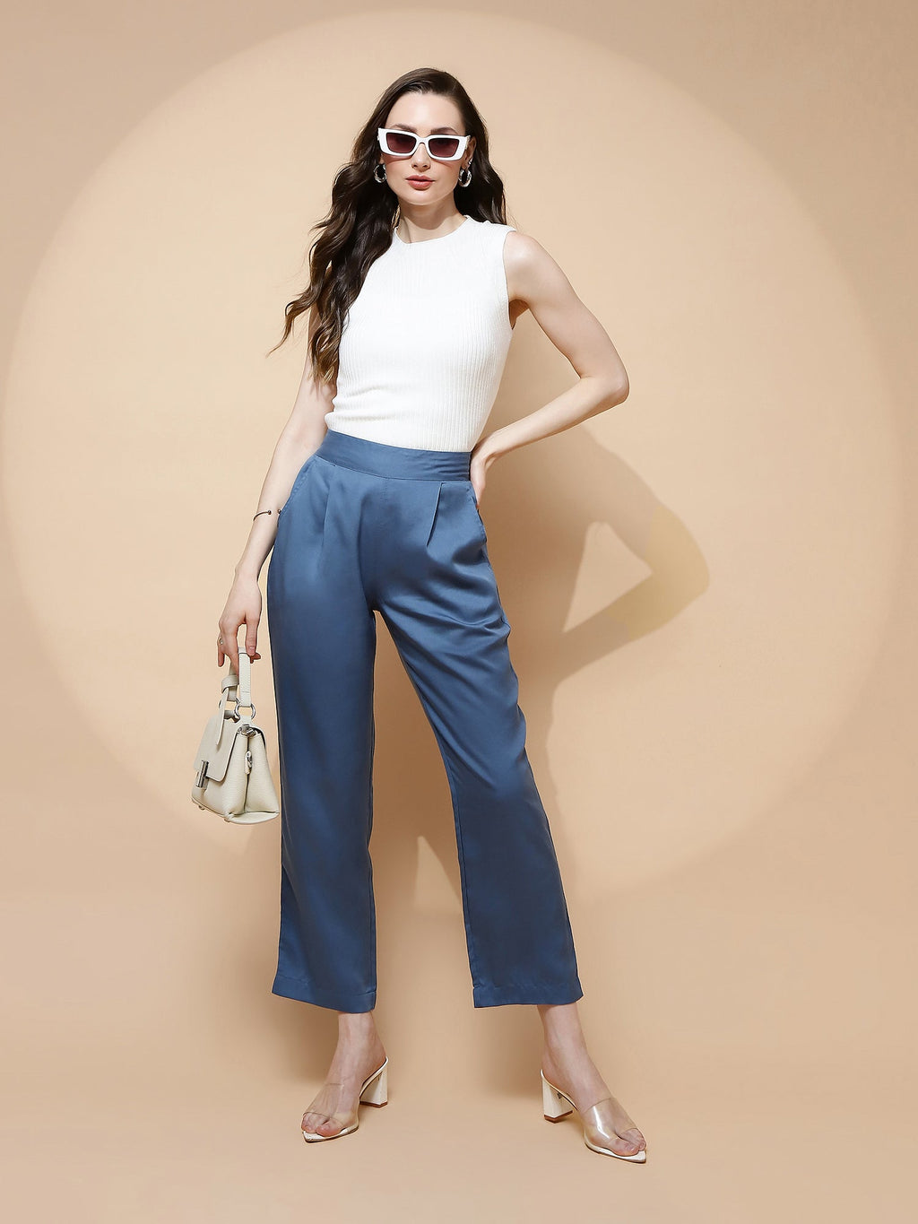 Blue Cotton Viscose Straight Fit Pants