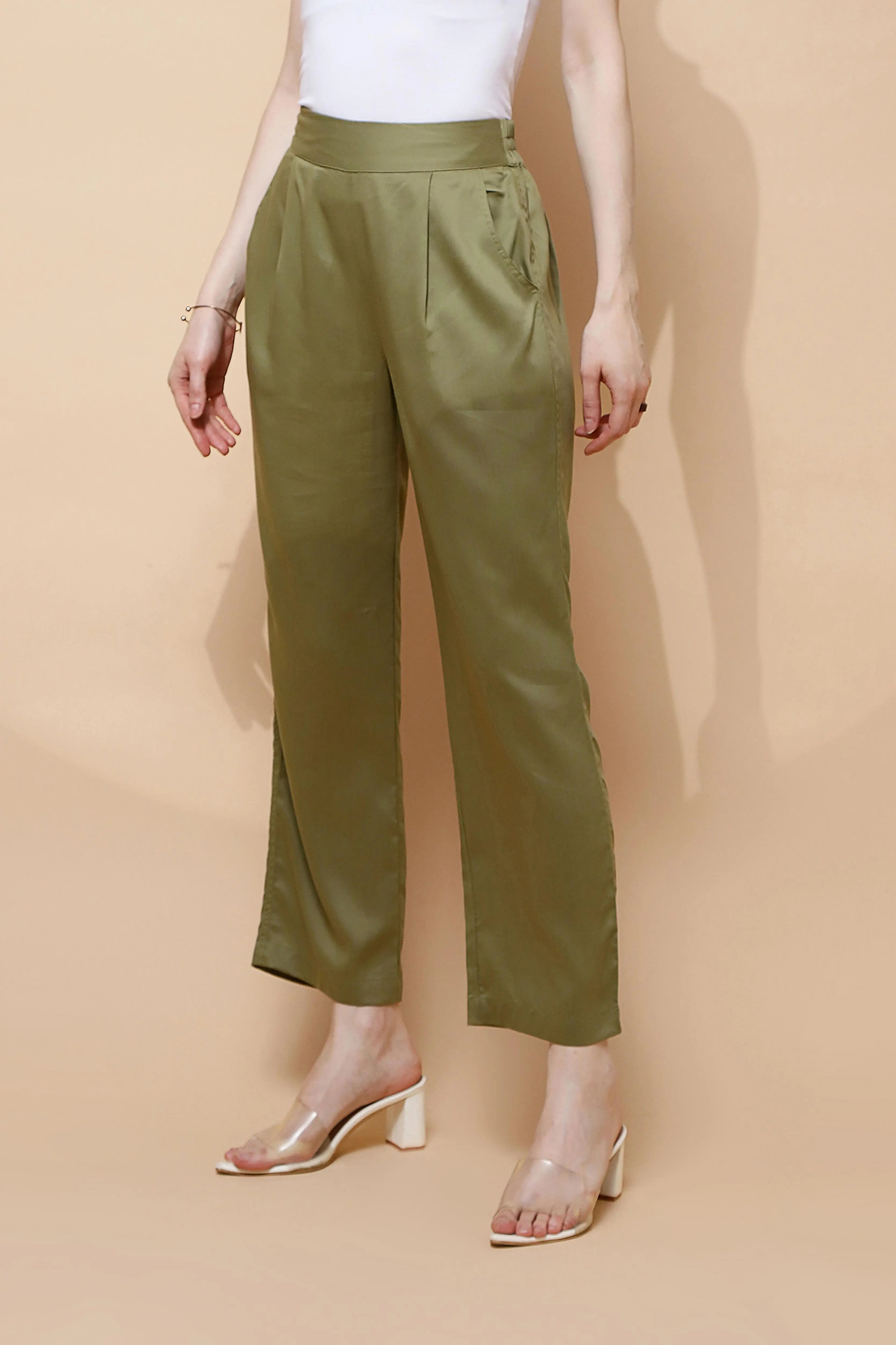 Olive Cotton Viscose Straight Fit Lower