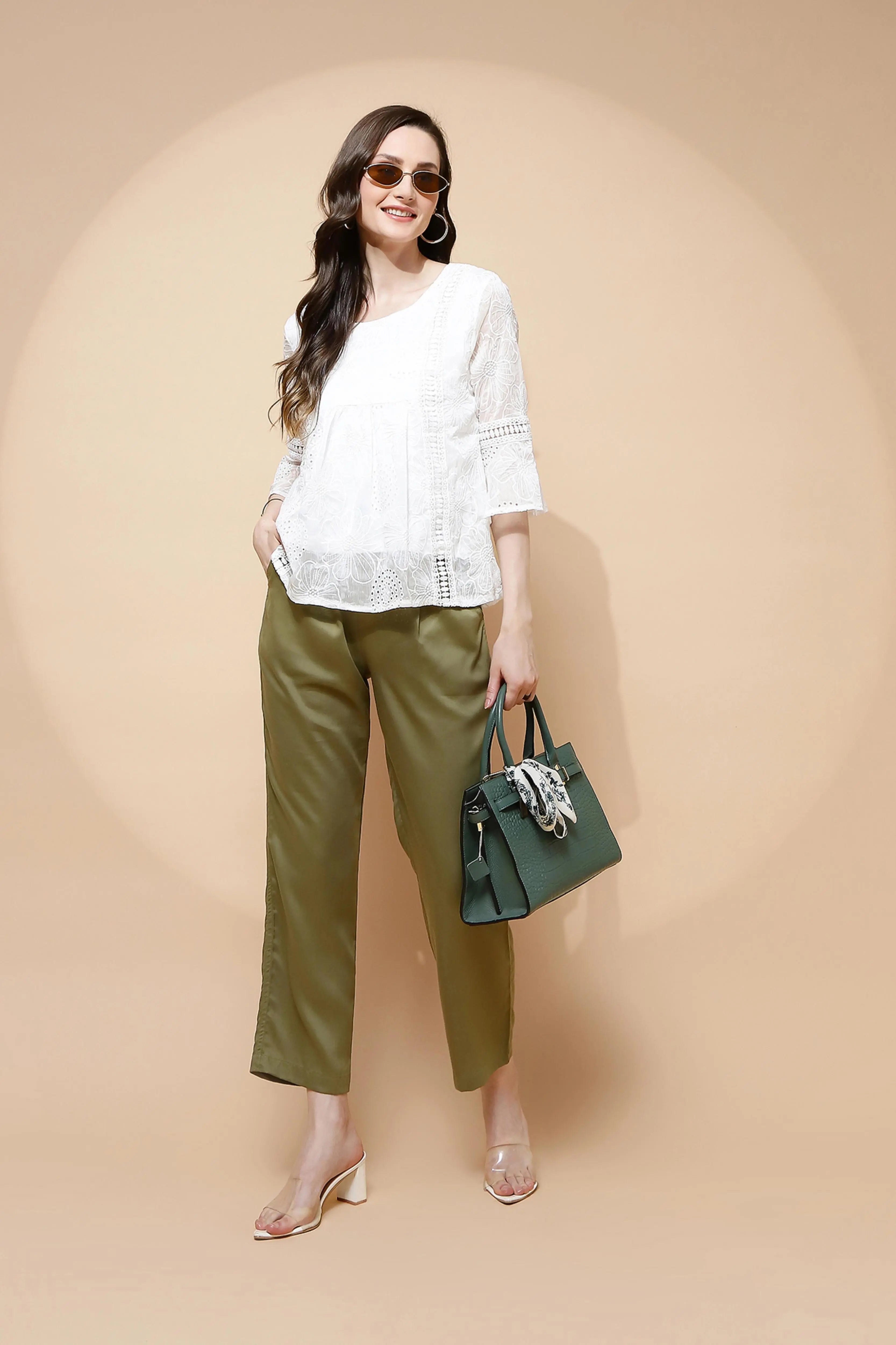 Olive Cotton Viscose Straight Fit Lower