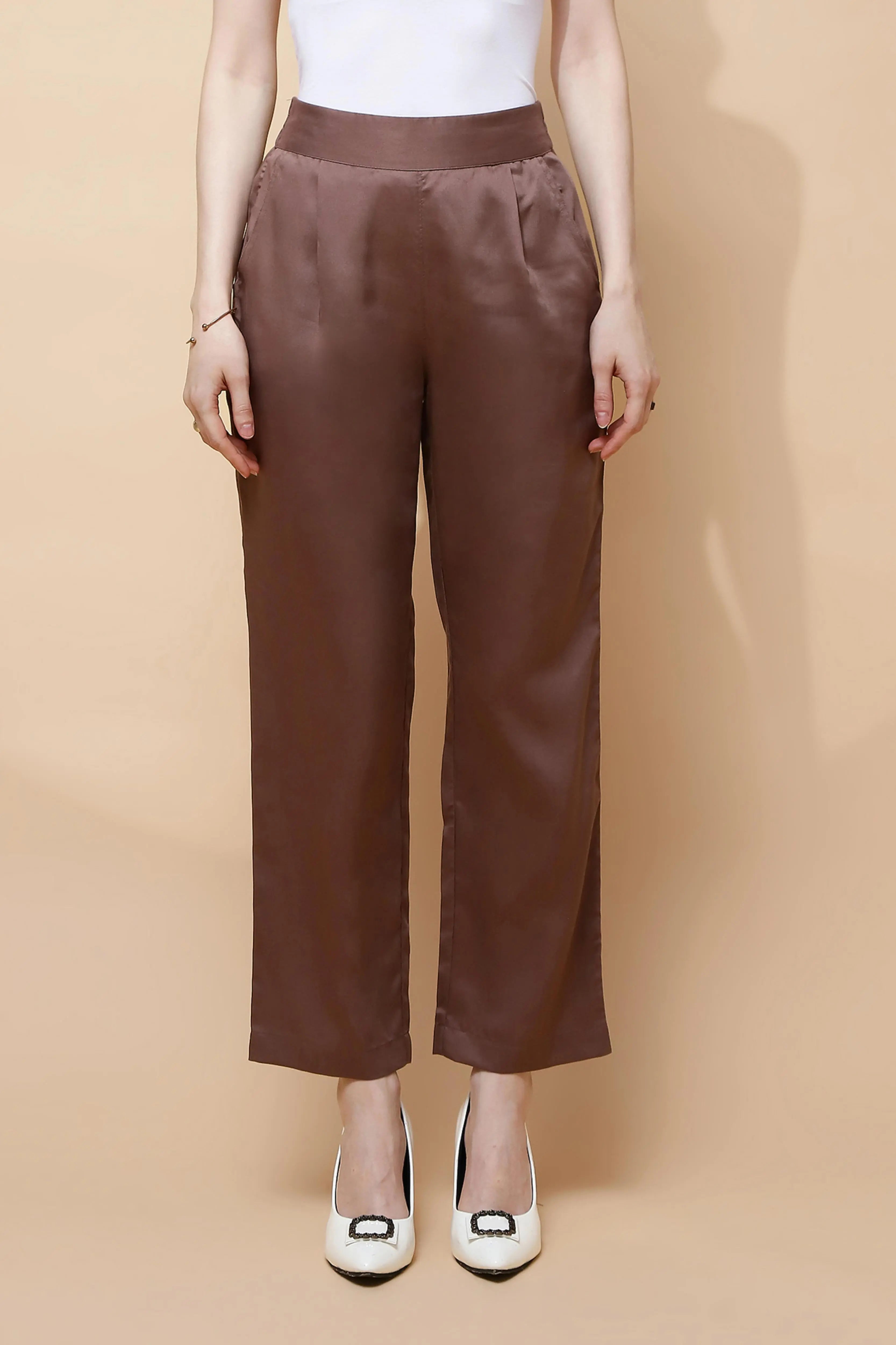 Brown Cotton Viscose Straight Fit Pants