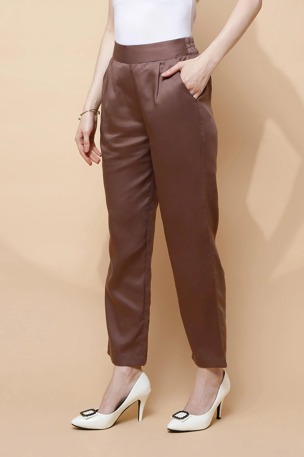 Brown Cotton Viscose Straight Fit Pants