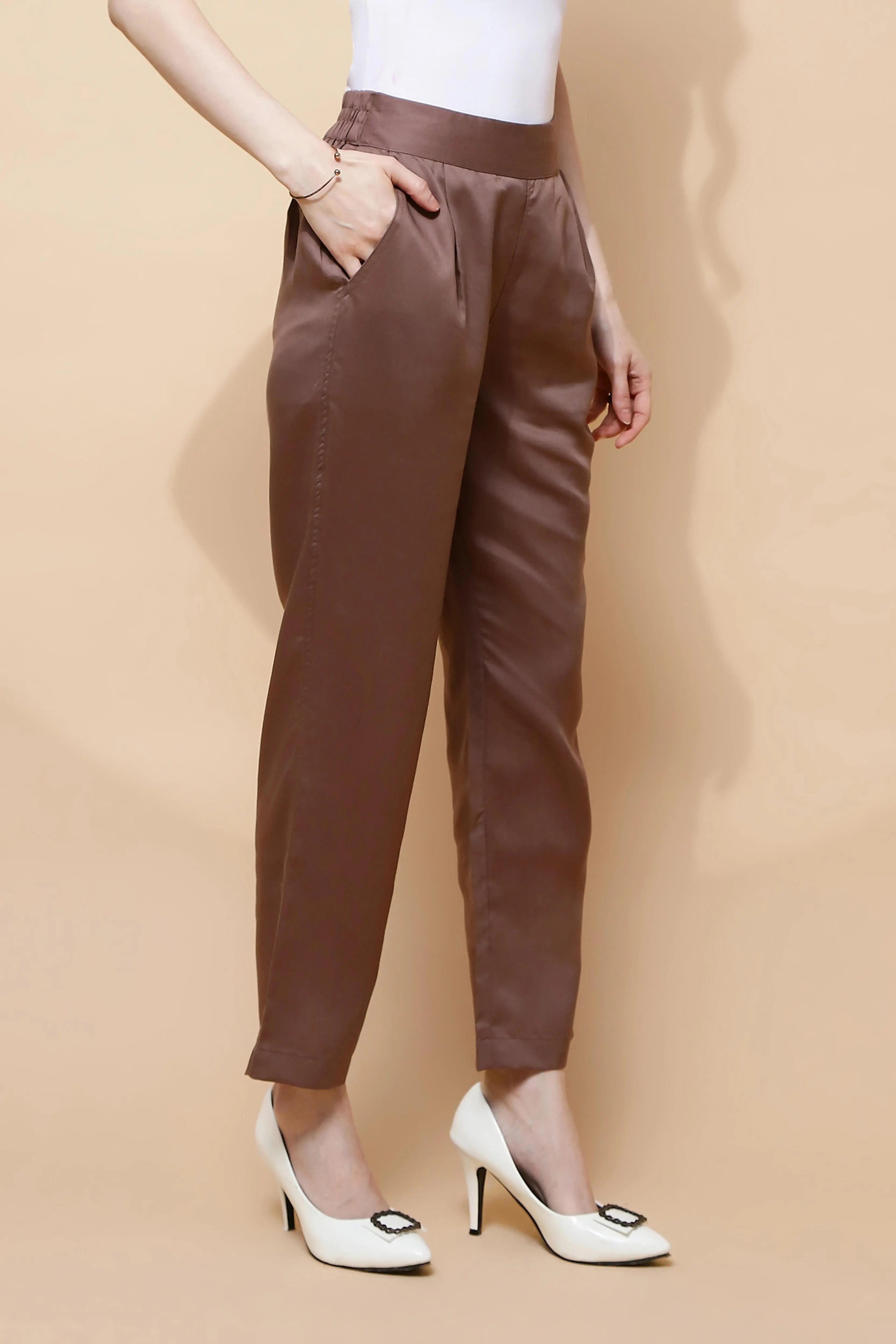 Brown Cotton Viscose Straight Fit Pants
