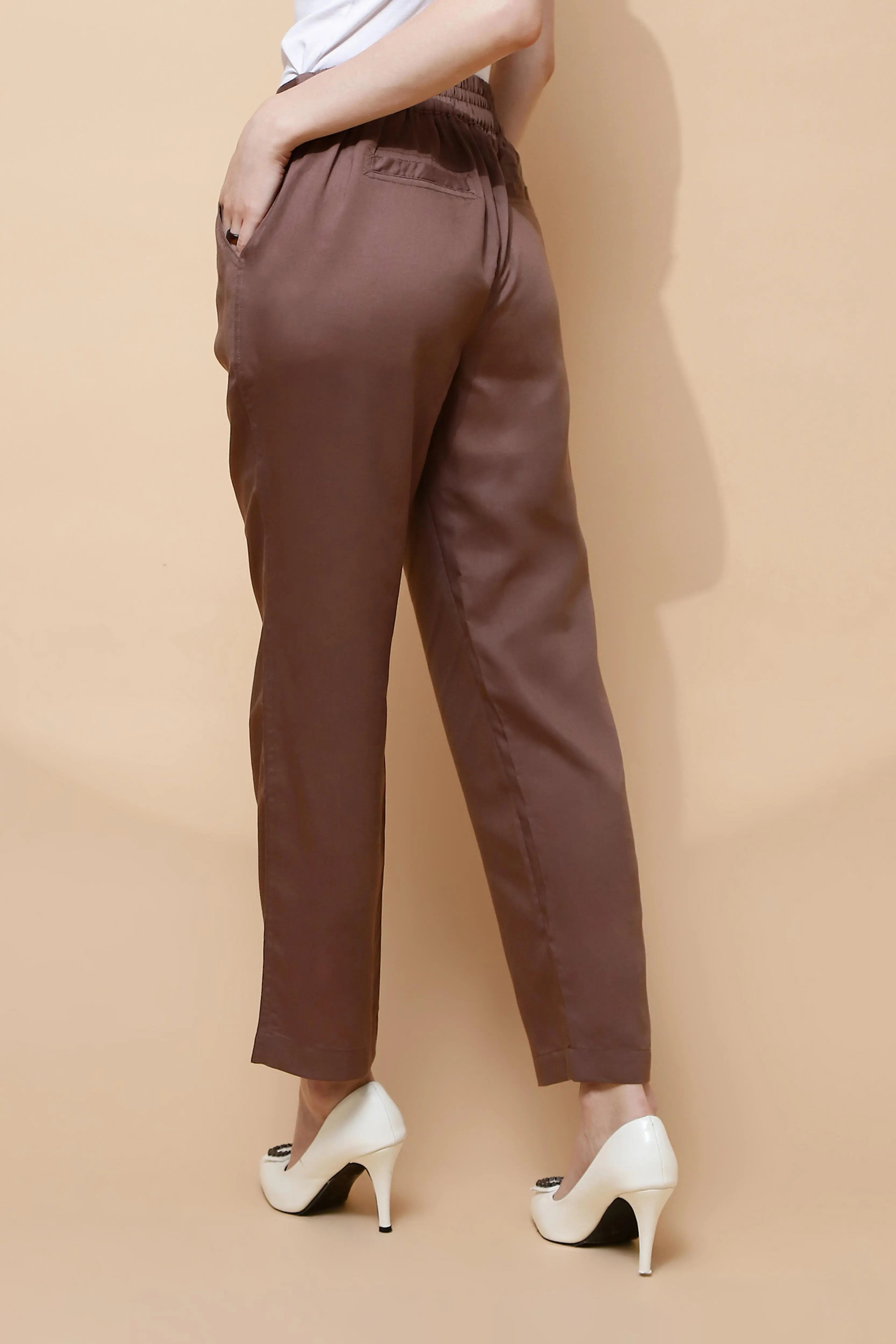 Brown Cotton Viscose Straight Fit Pants