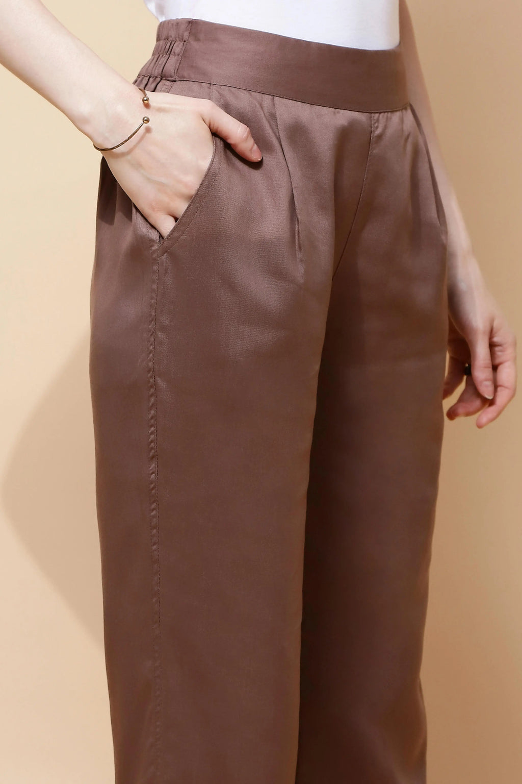 Brown Cotton Viscose Straight Fit Pants