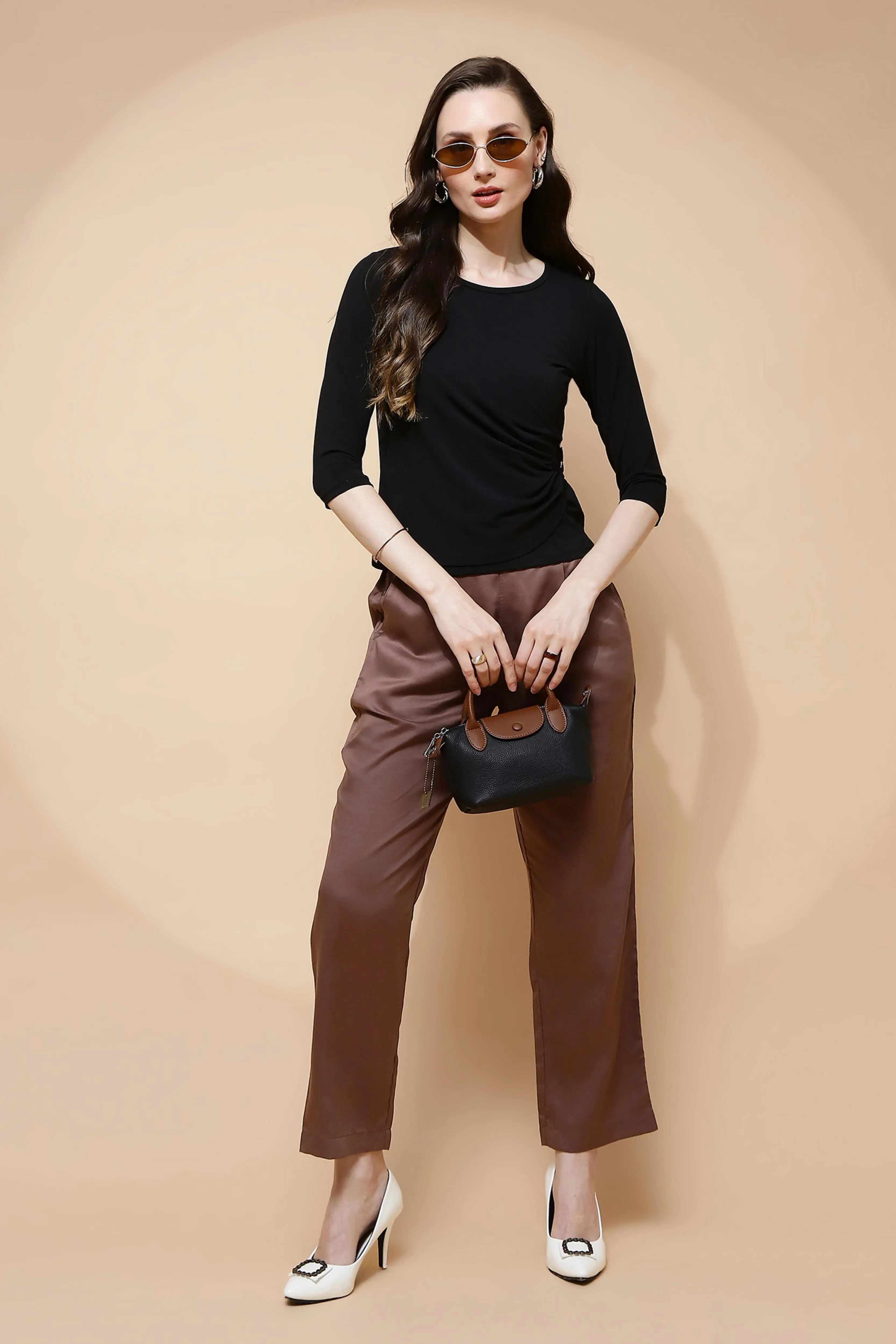 Brown Cotton Viscose Straight Fit Pants