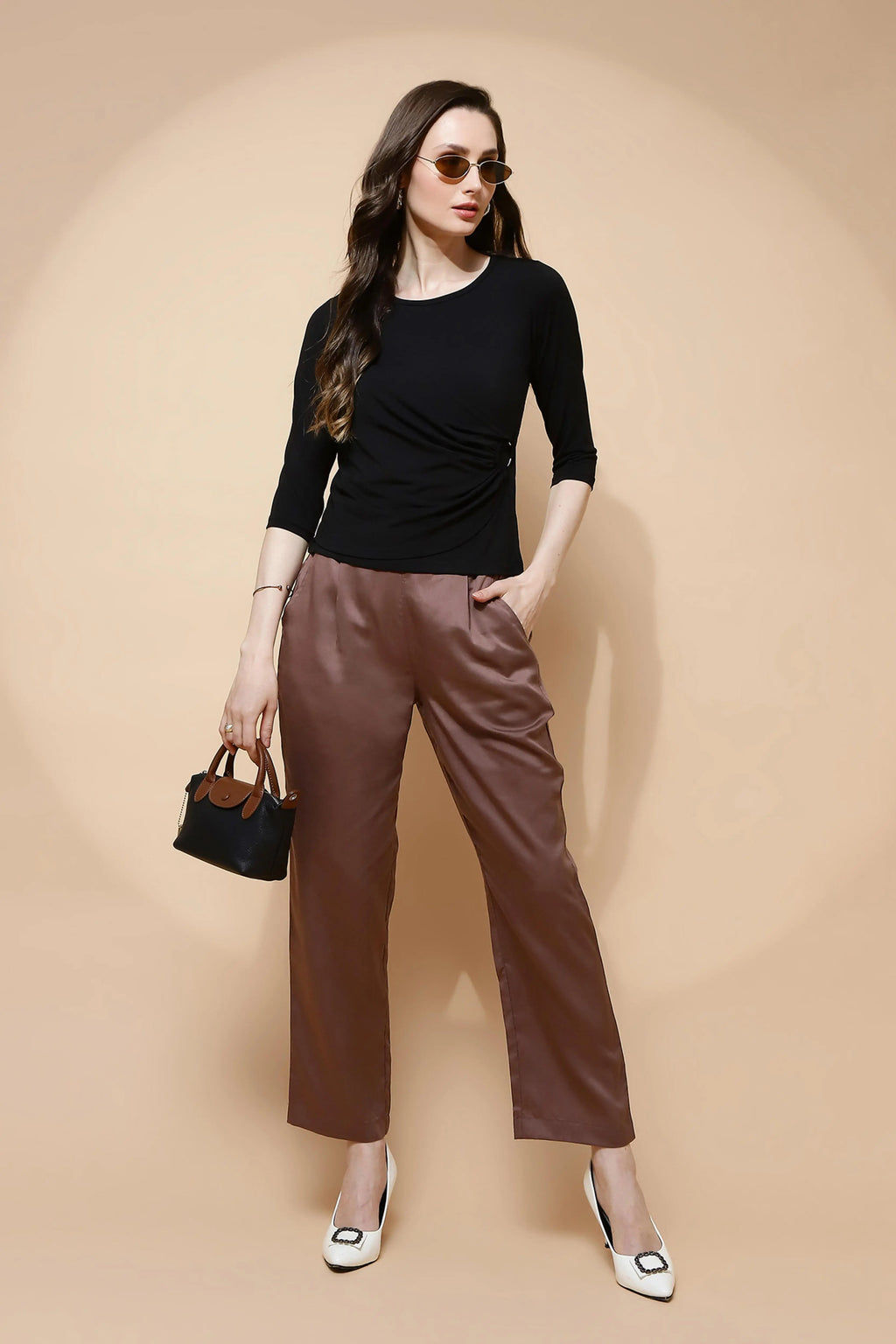 Brown Cotton Viscose Straight Fit Pants