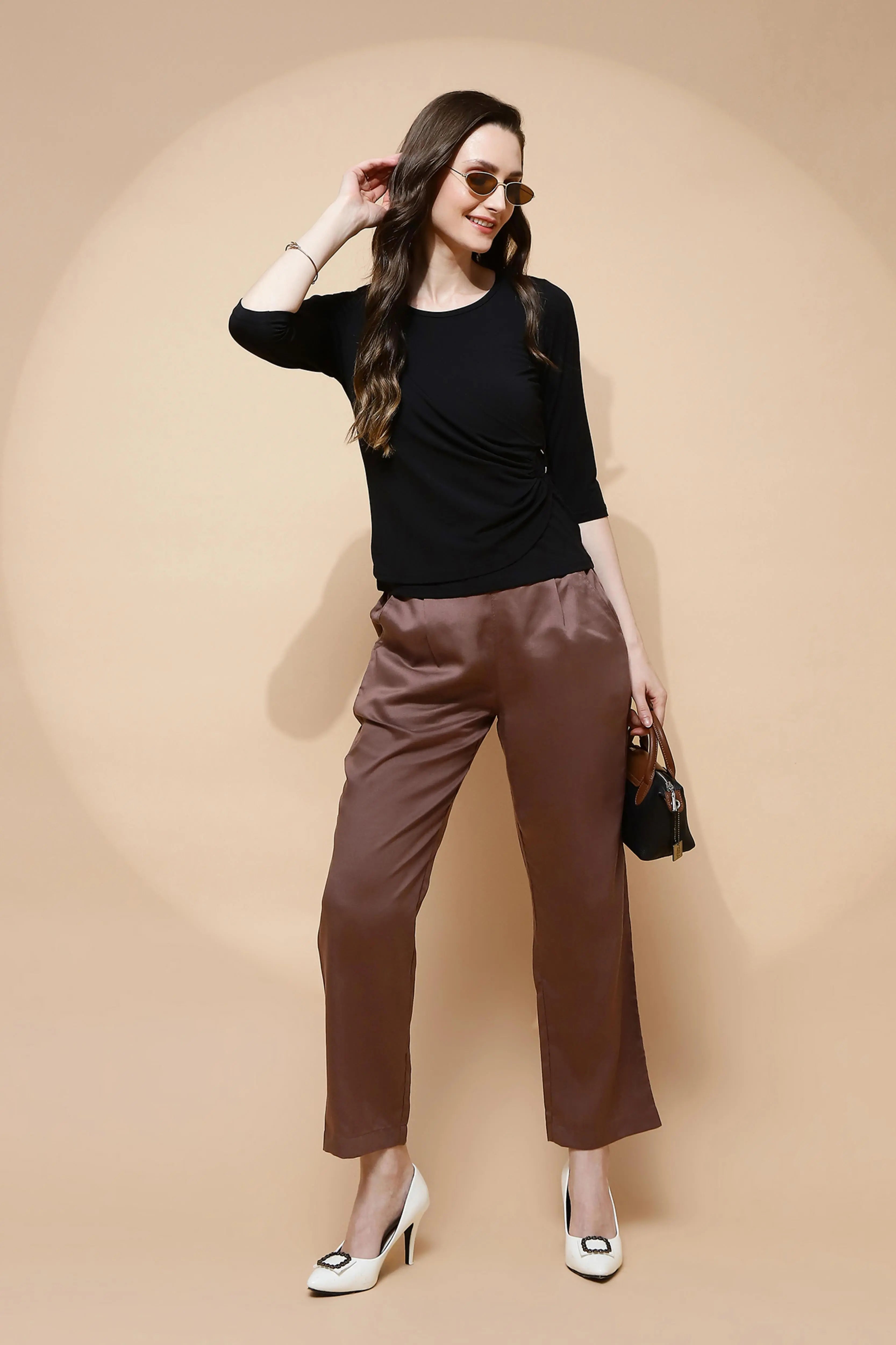 Brown Cotton Viscose Straight Fit Pants