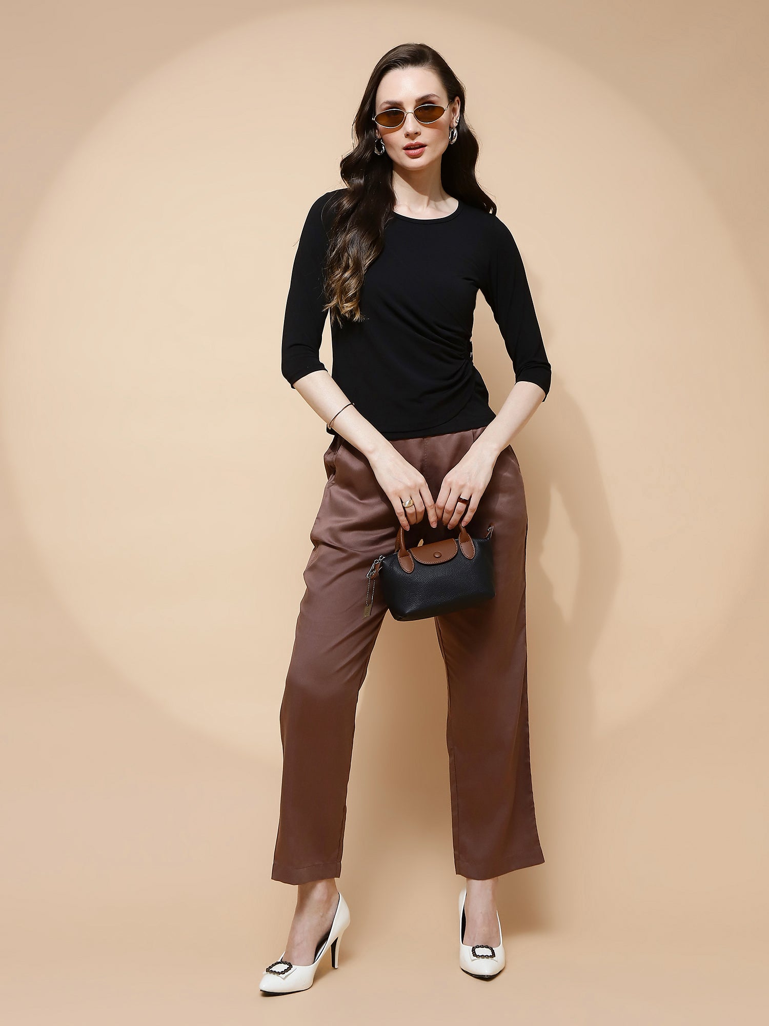 Brown Cotton Viscose Straight Fit Pants