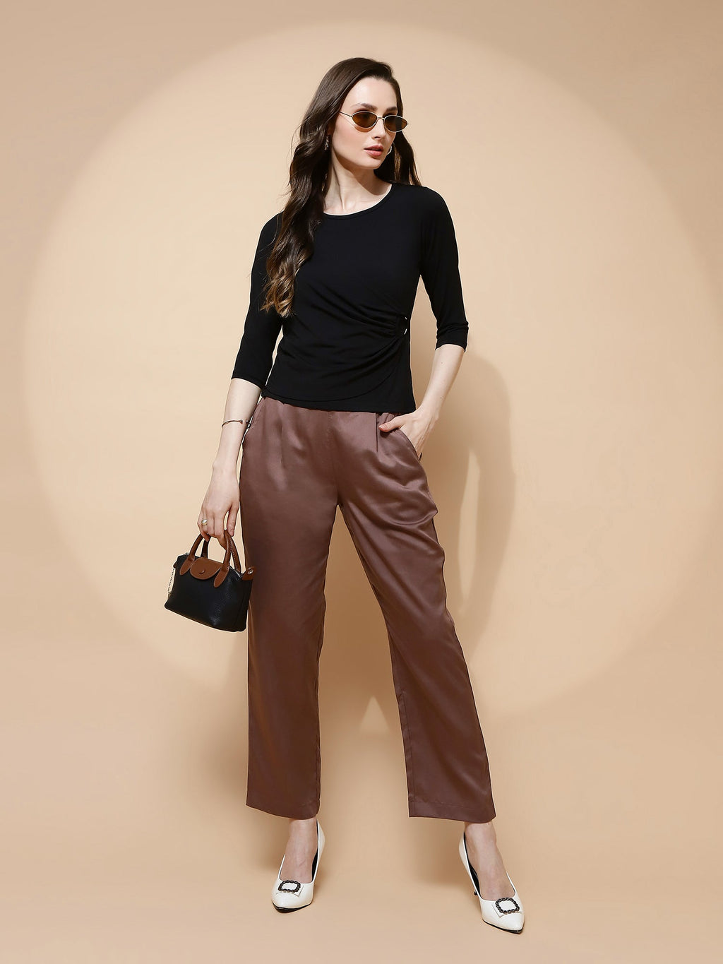 Brown Cotton Viscose Straight Fit Pants