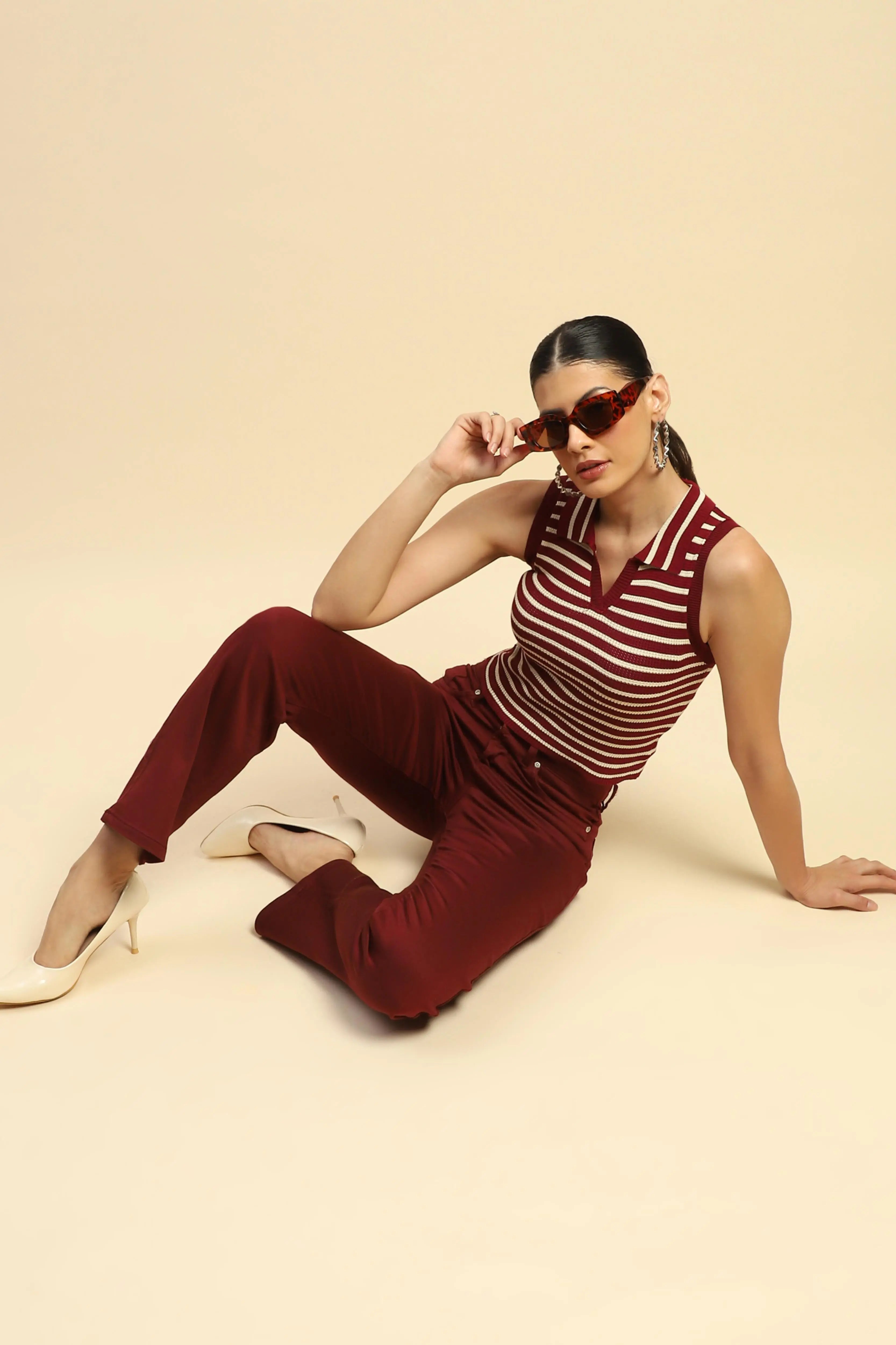 Maroon Cotton Blend Stretchable Trouser