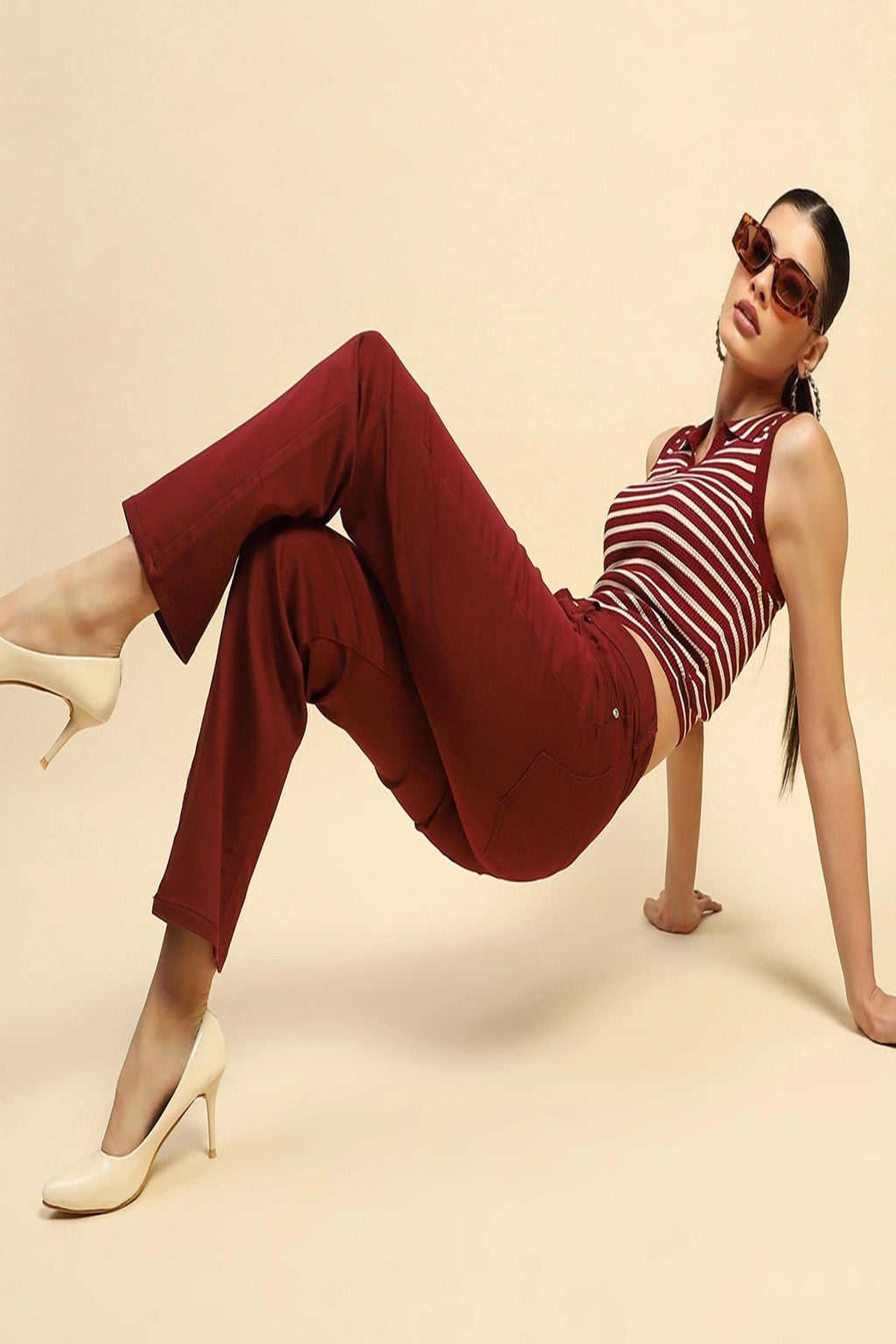 Maroon Cotton Blend Stretchable Trouser