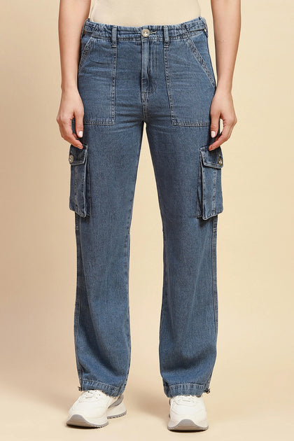 Blue Cotton Straight Relaxed Fit Cargo