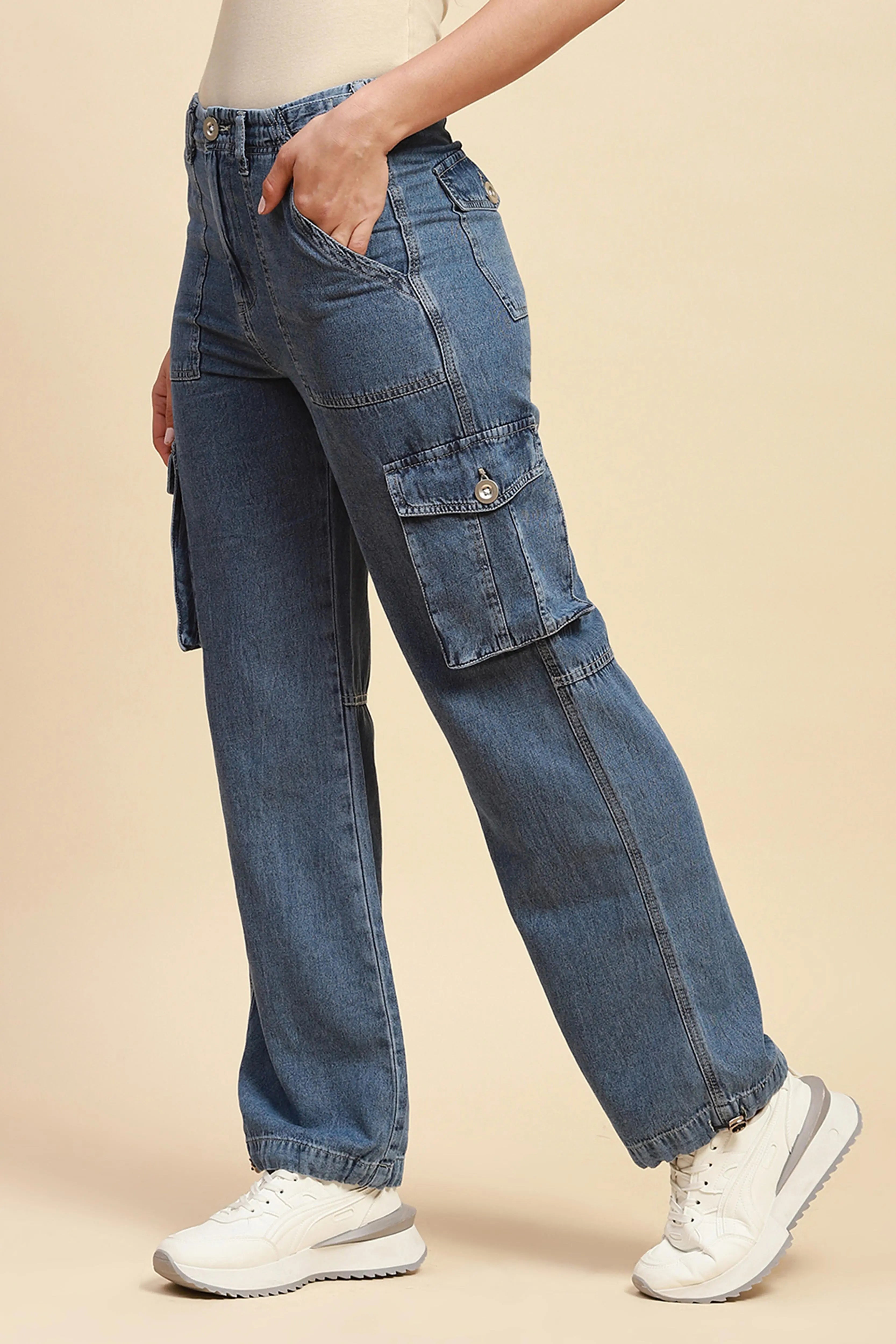 Blue Cotton Straight Relaxed Fit Cargo