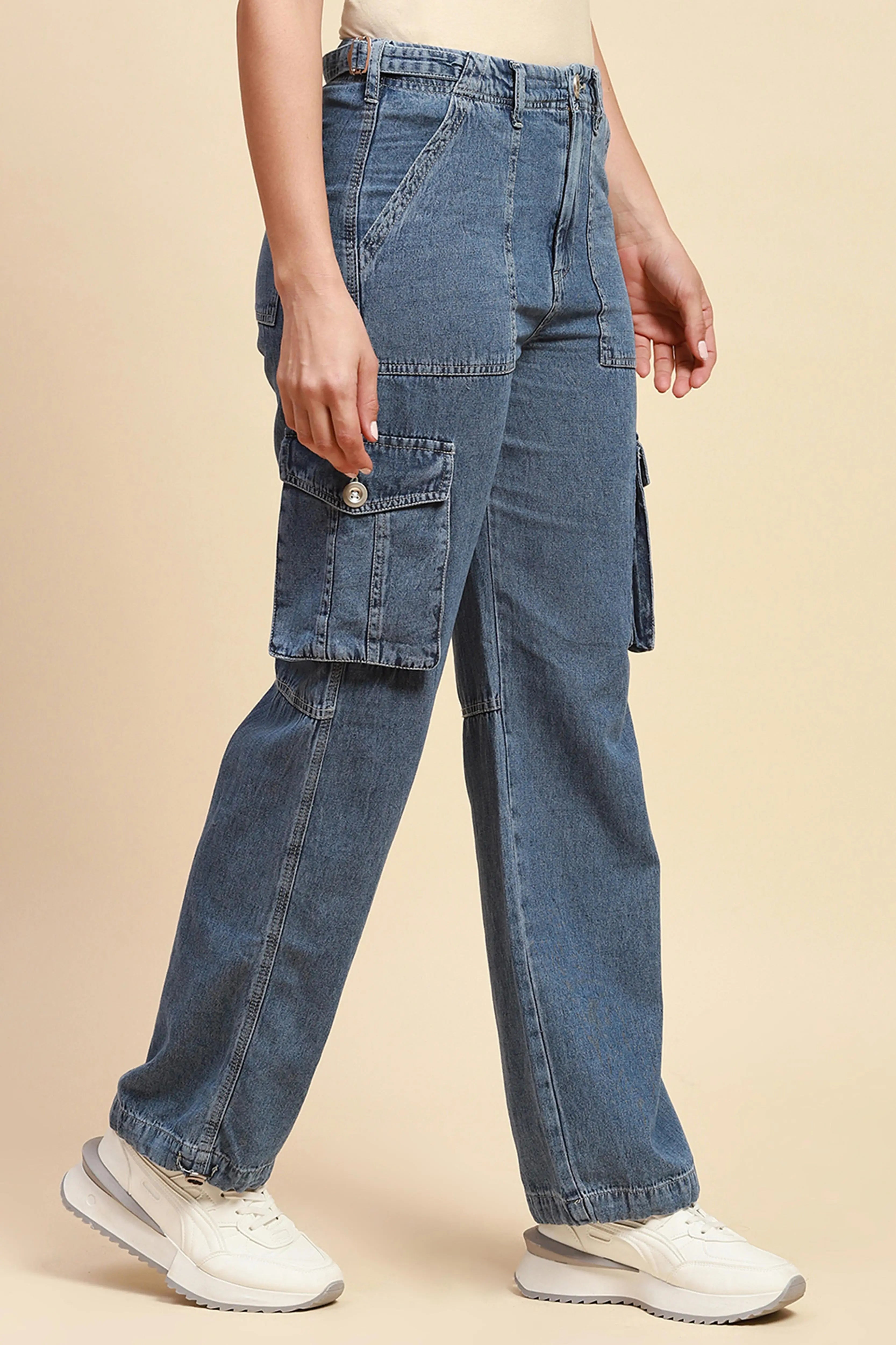 Blue Cotton Straight Relaxed Fit Cargo