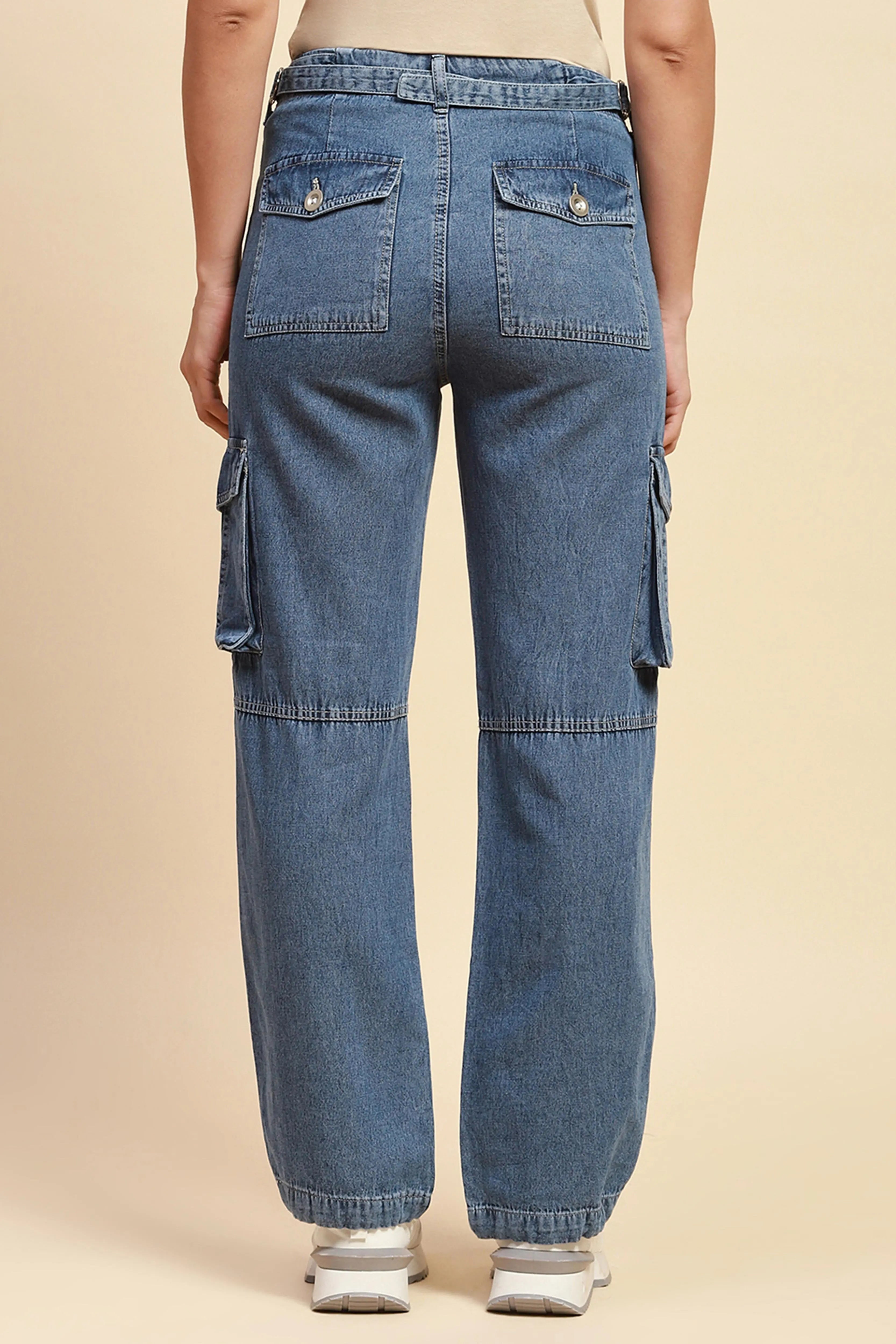 Blue Cotton Straight Relaxed Fit Cargo