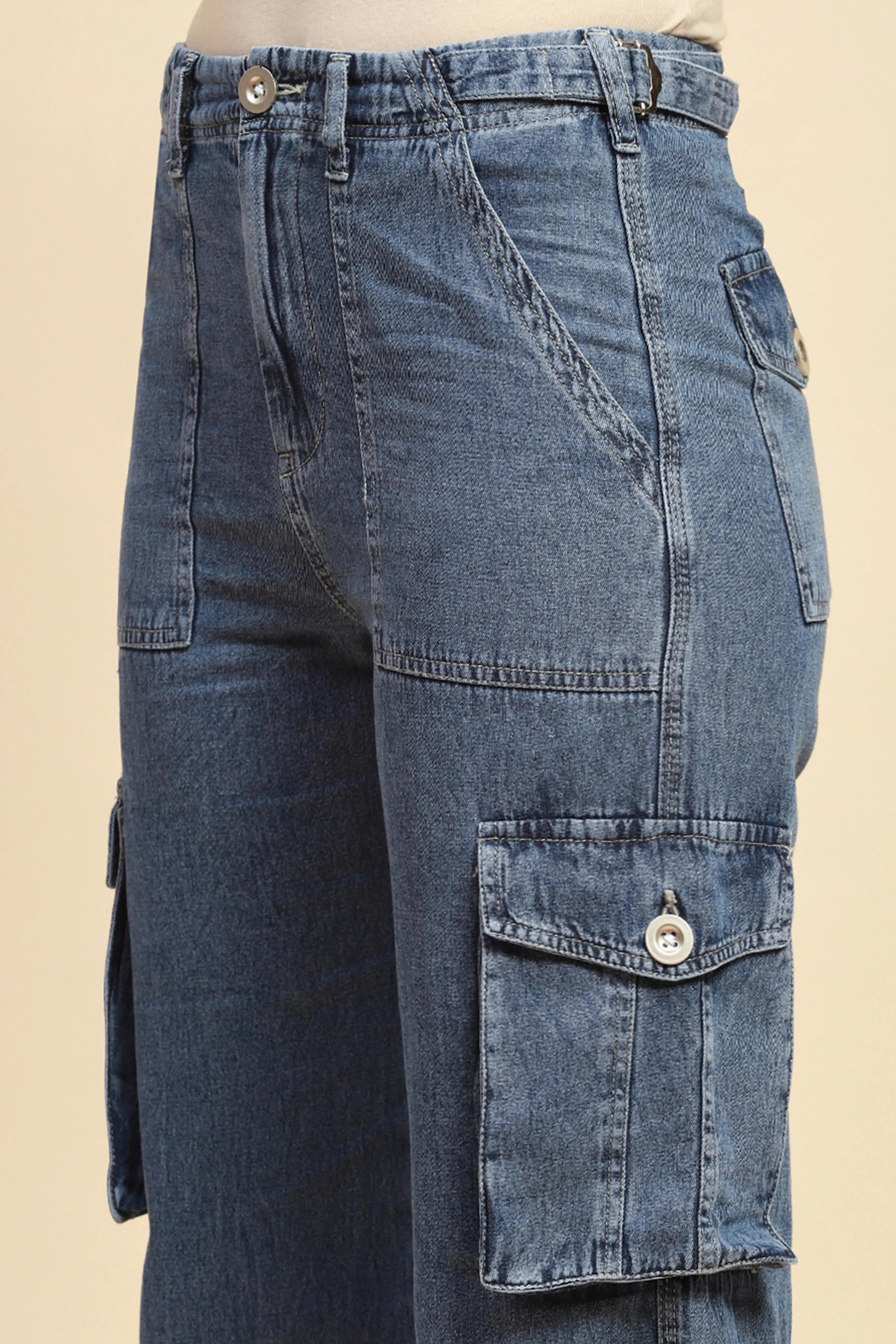 Blue Cotton Straight Relaxed Fit Cargo