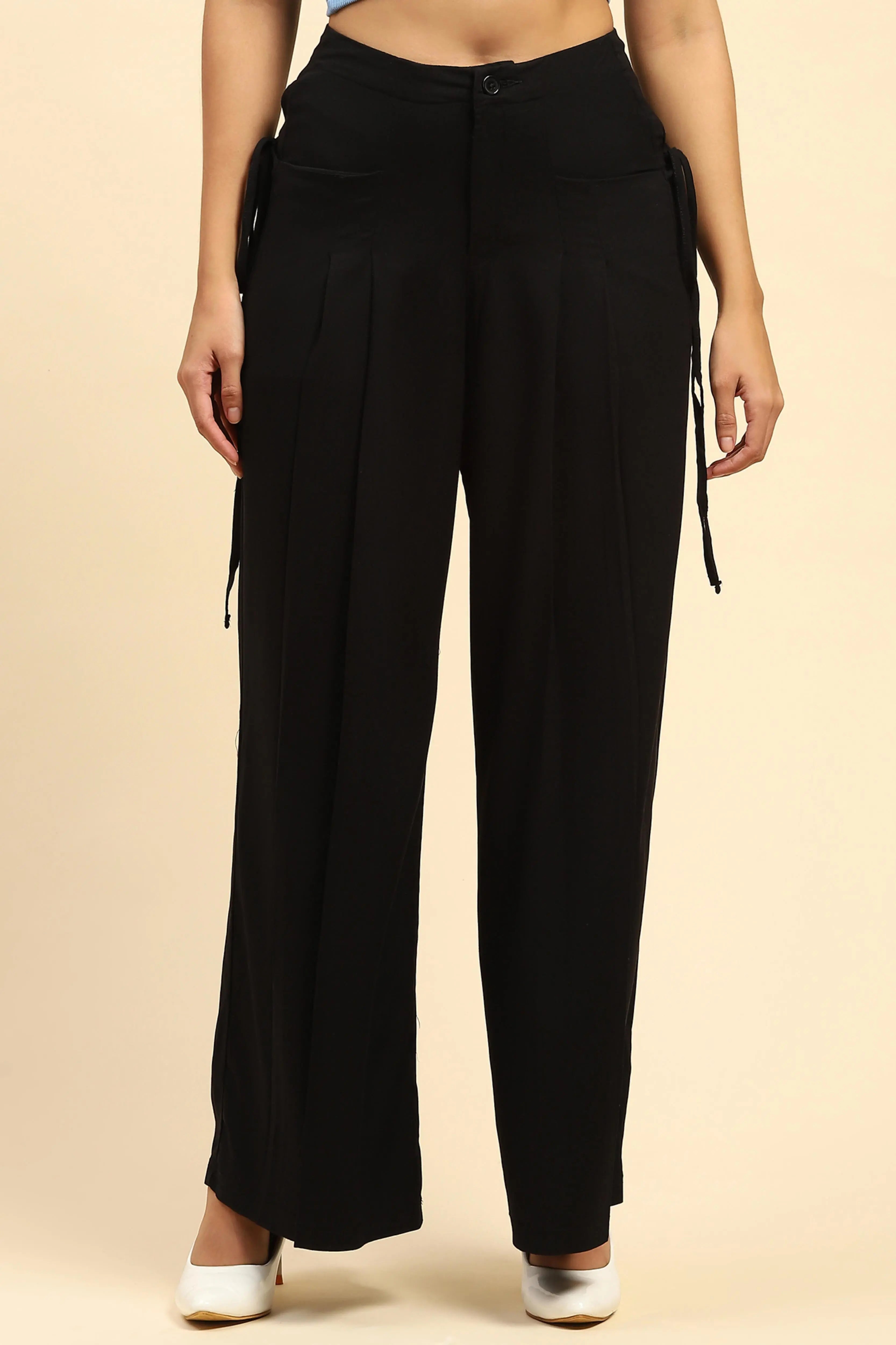 Black Solid Cotton Loose Fit Palazzo
