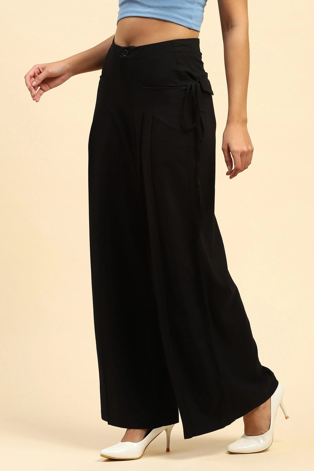 Black Solid Cotton Loose Fit Palazzo