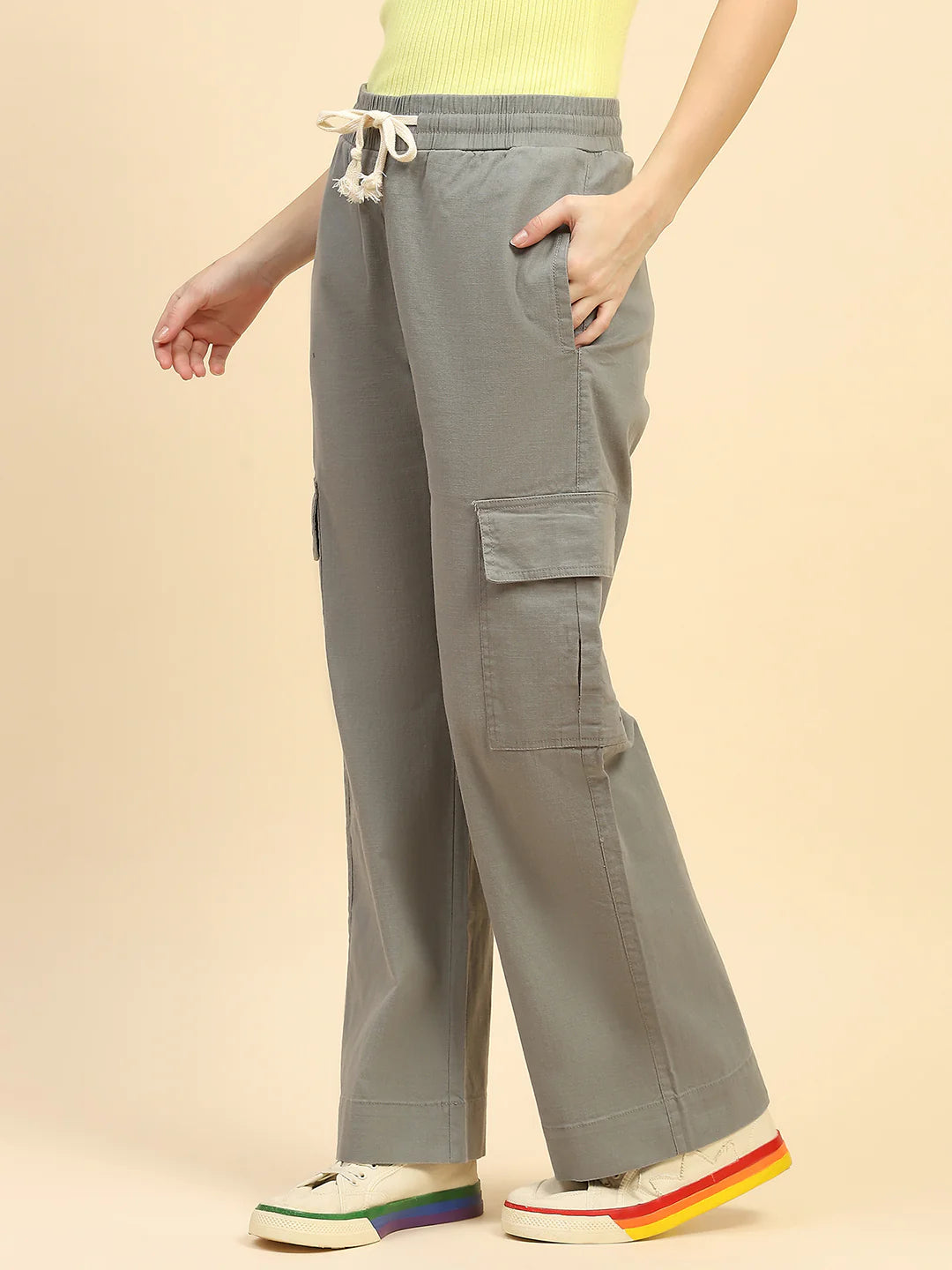 Green Solid Cotton Blend Cargo Lower