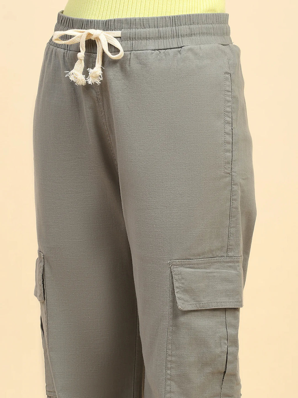 Green Solid Cotton Blend Cargo Lower
