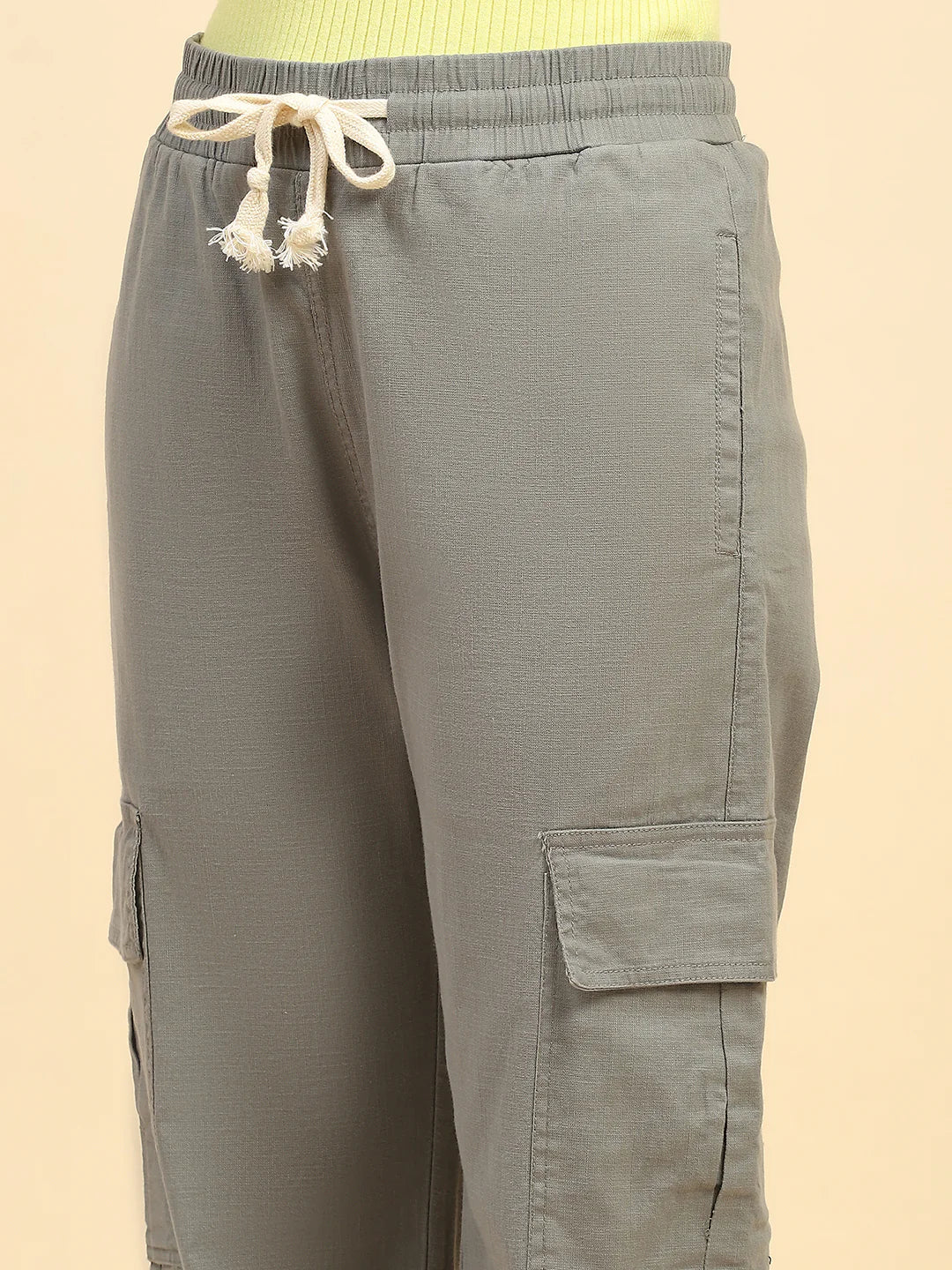 Green Solid Cotton Blend Cargo Lower