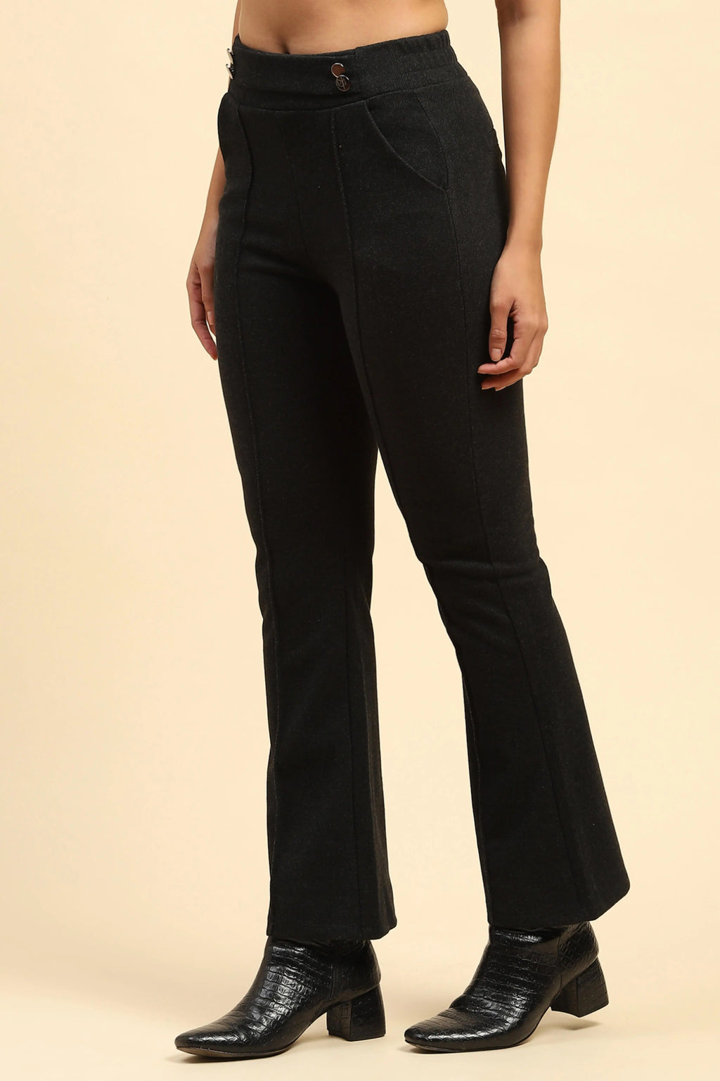 Black Solid Viscose Winter Trouser