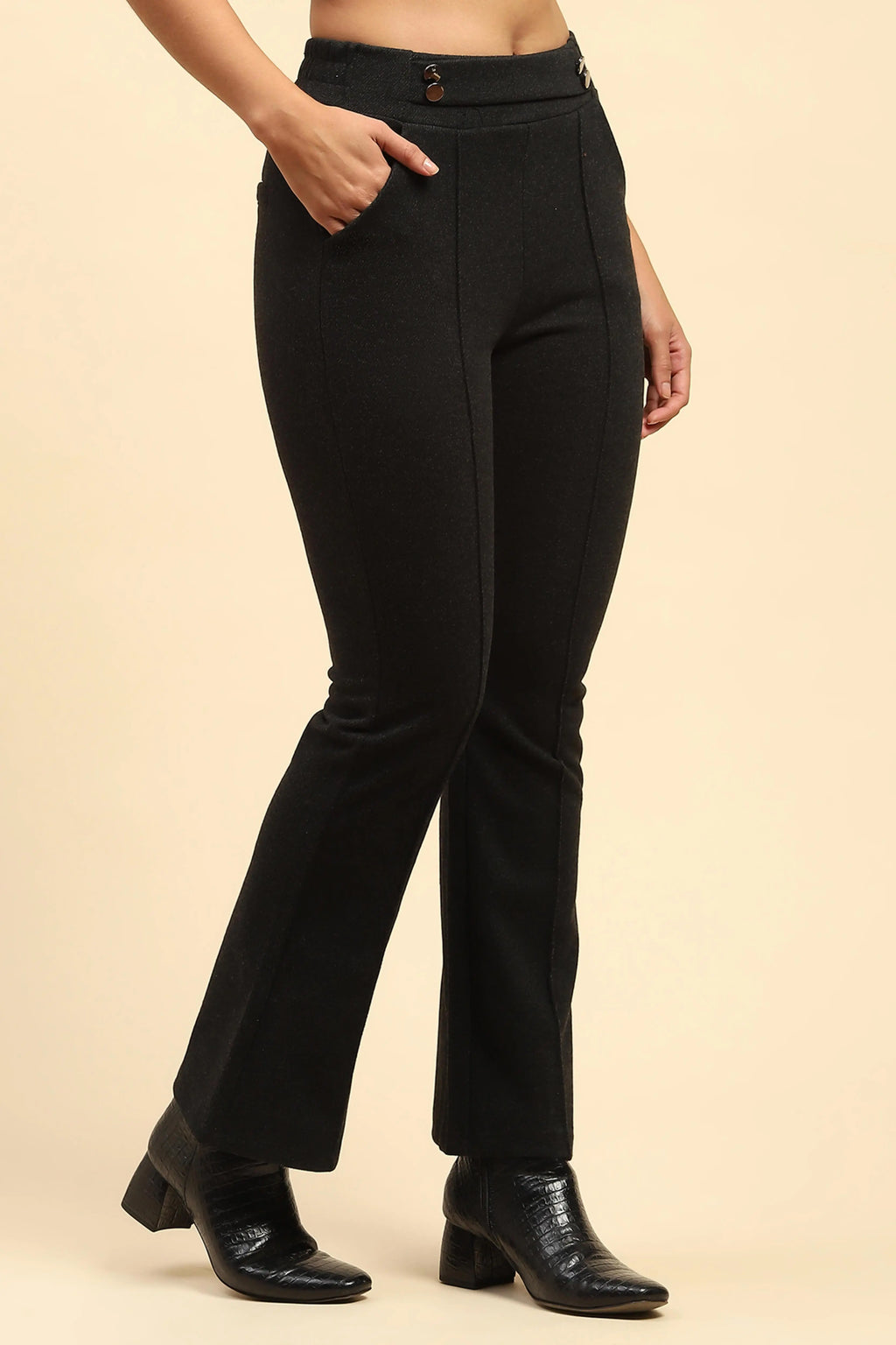 Black Solid Viscose Winter Trouser
