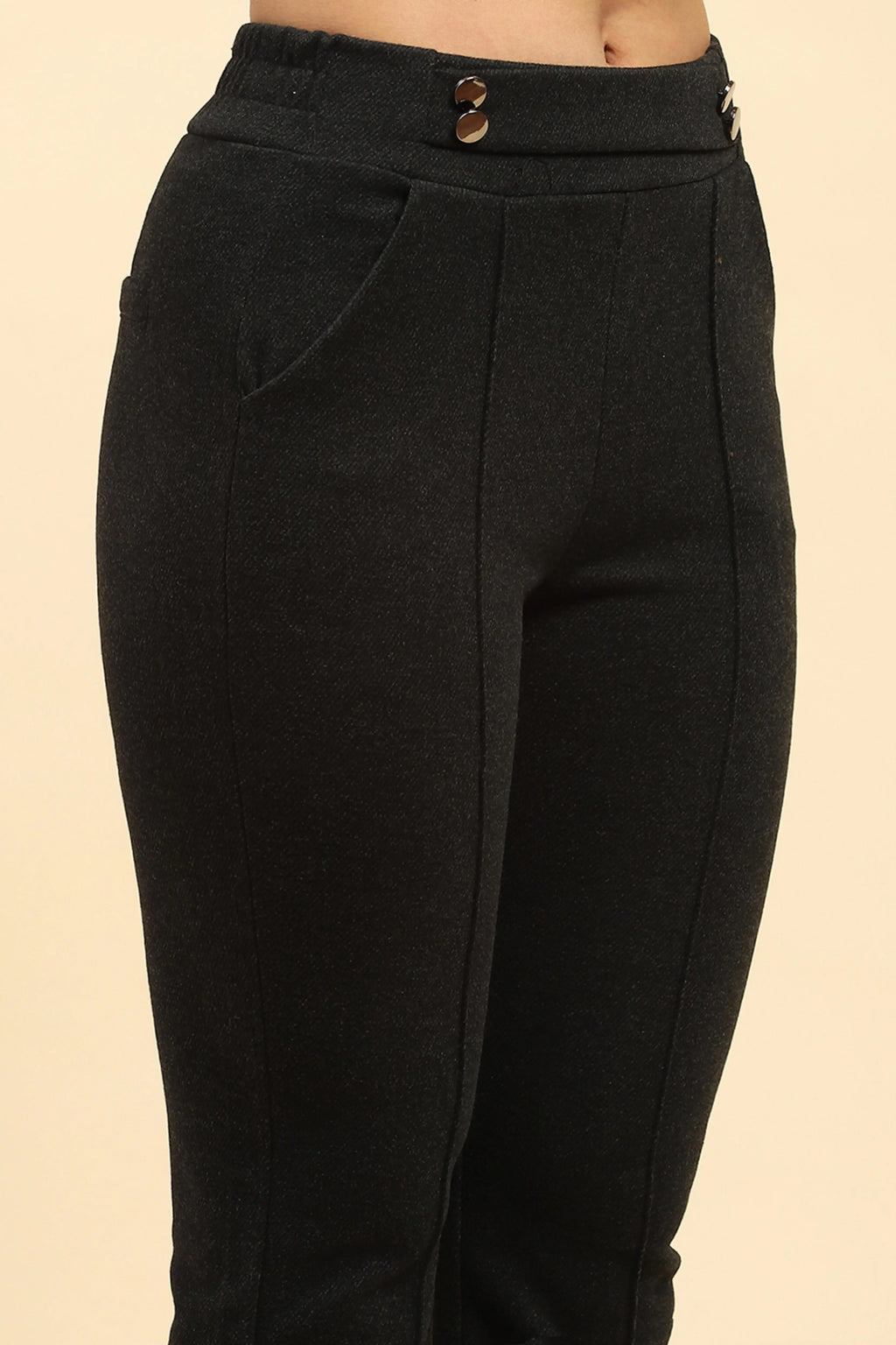 Black Solid Viscose Winter Trouser