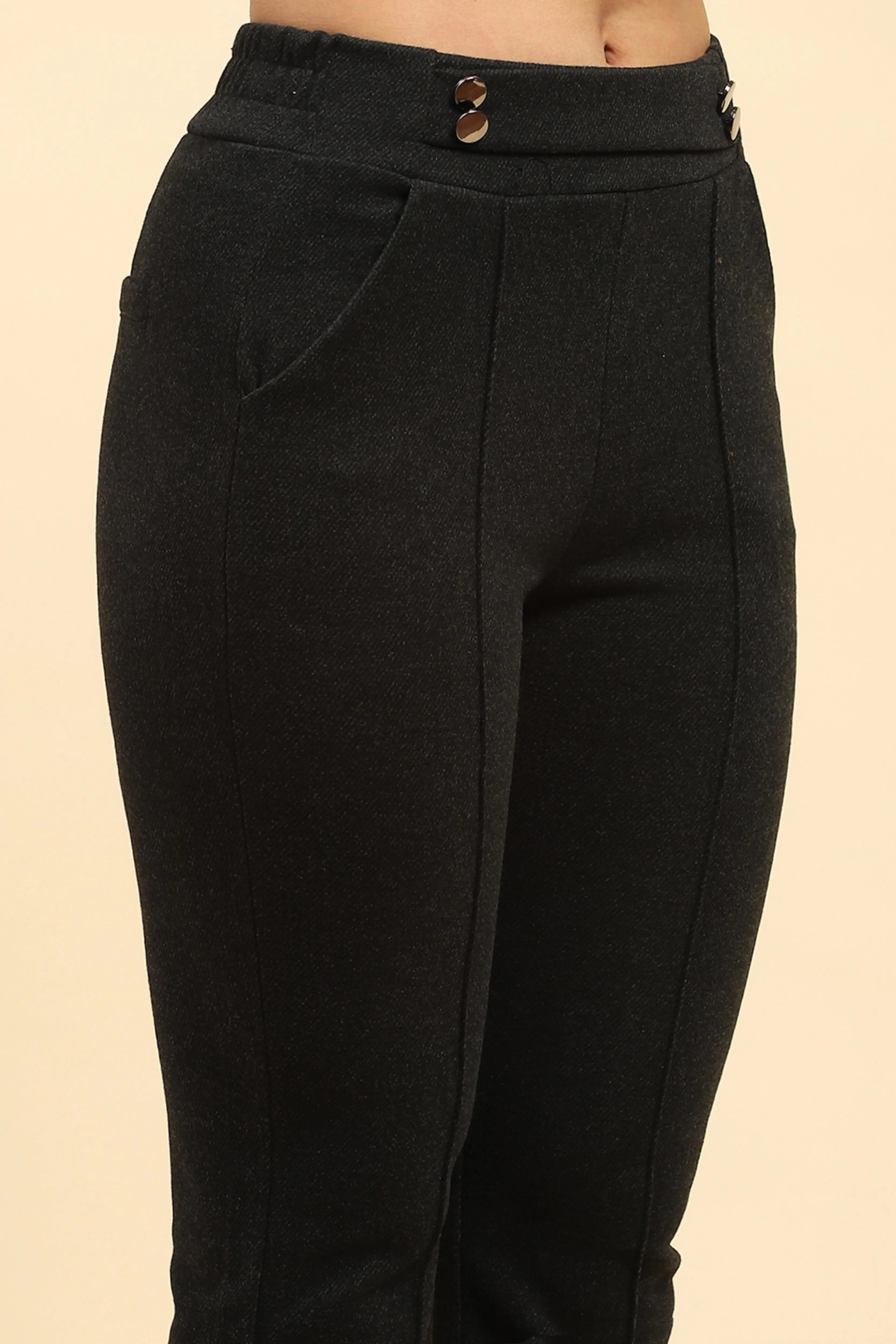 Black Solid Viscose Winter Trouser