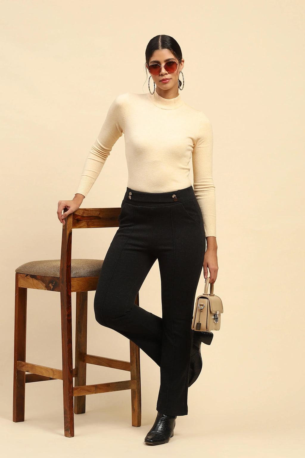 Black Solid Viscose Winter Trouser