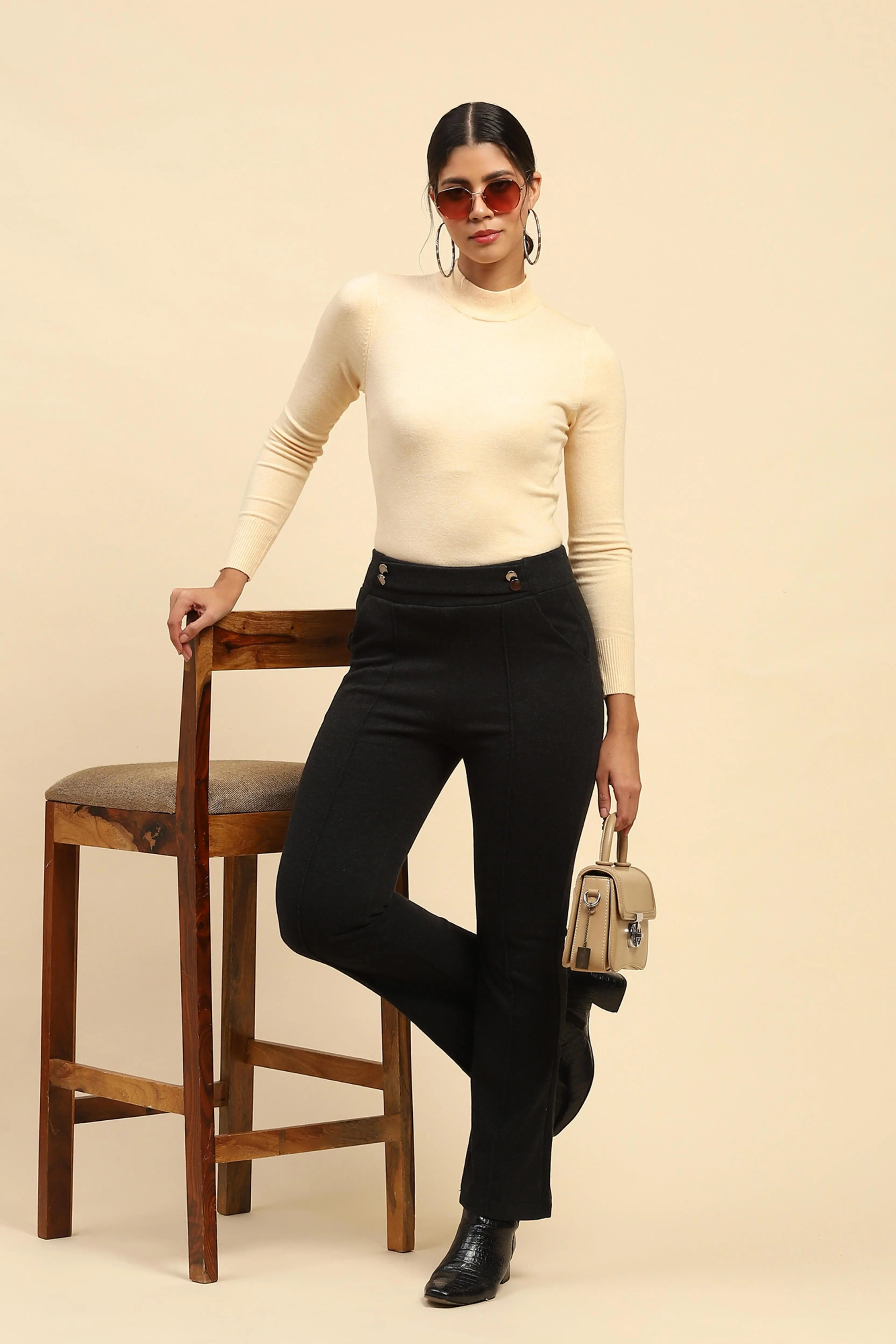 Black Solid Viscose Winter Trouser