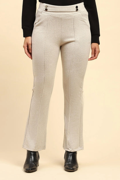 Ecru Solid Viscose Winter Trouser