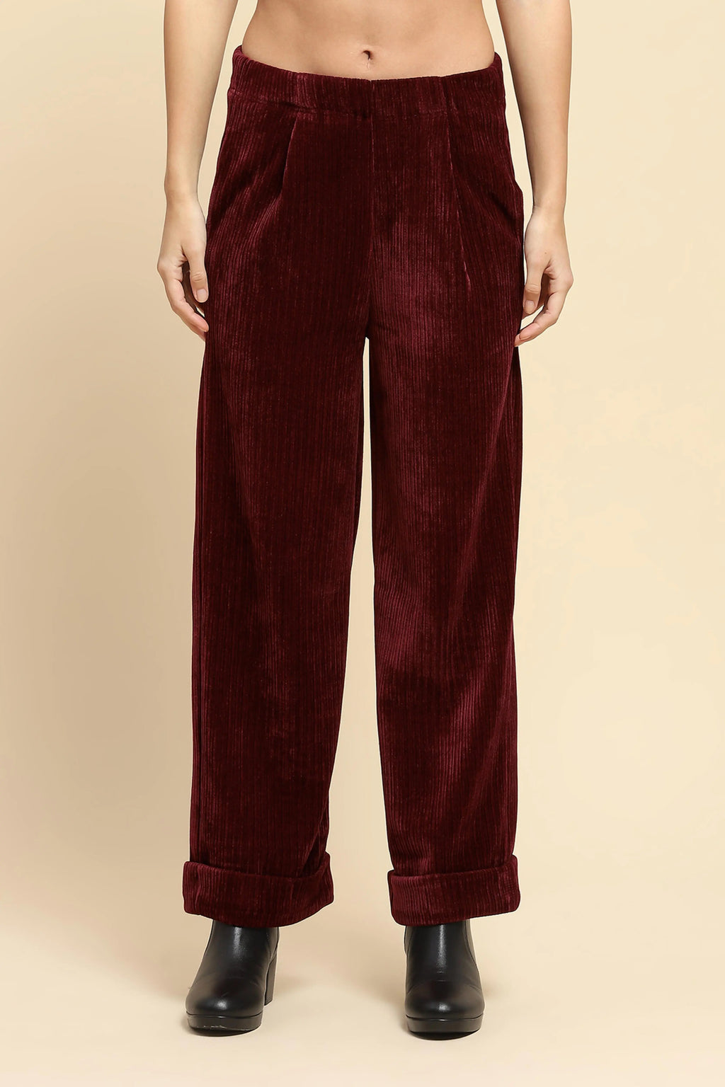 Wine Solid Loose Fit Lower