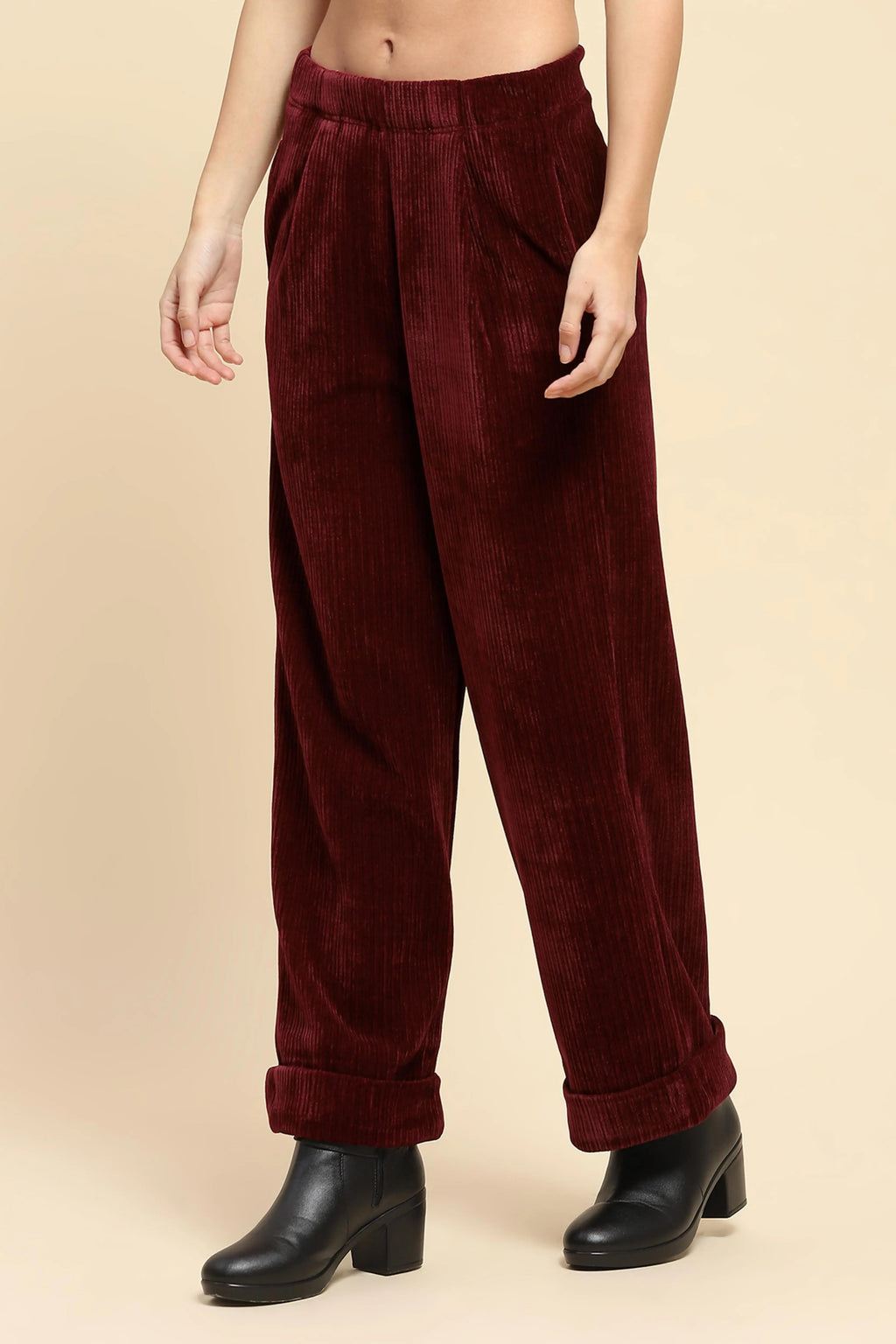 Wine Solid Loose Fit Lower