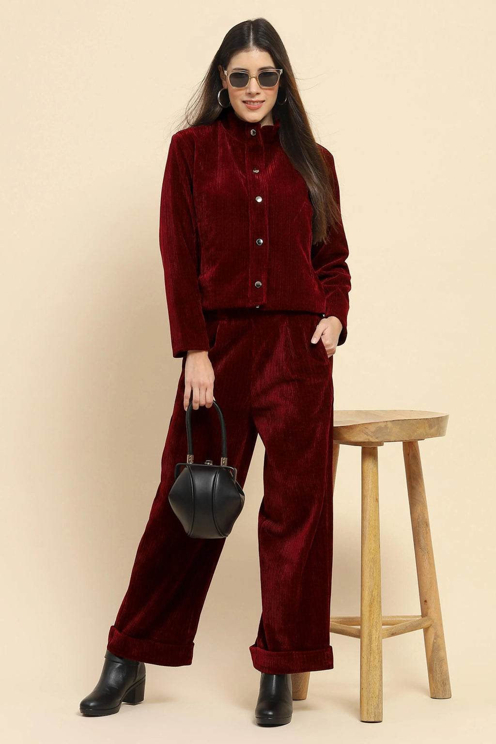 Wine Solid Loose Fit Lower