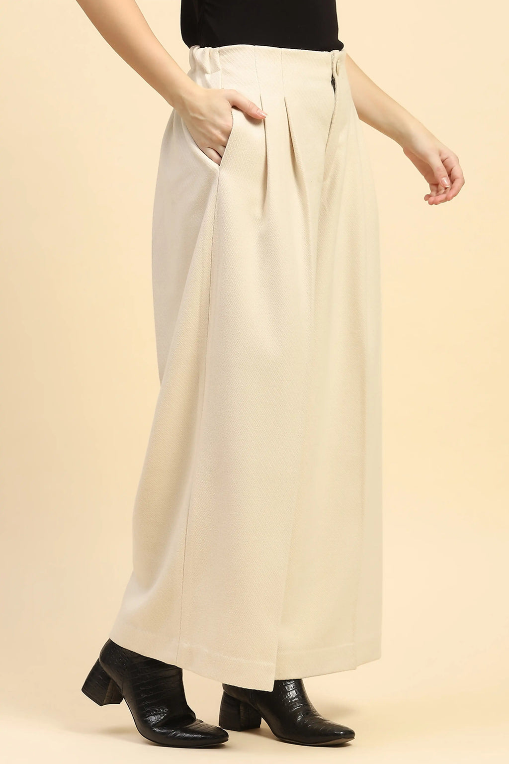 Cream Viscose Wide Leg Winter Trouser