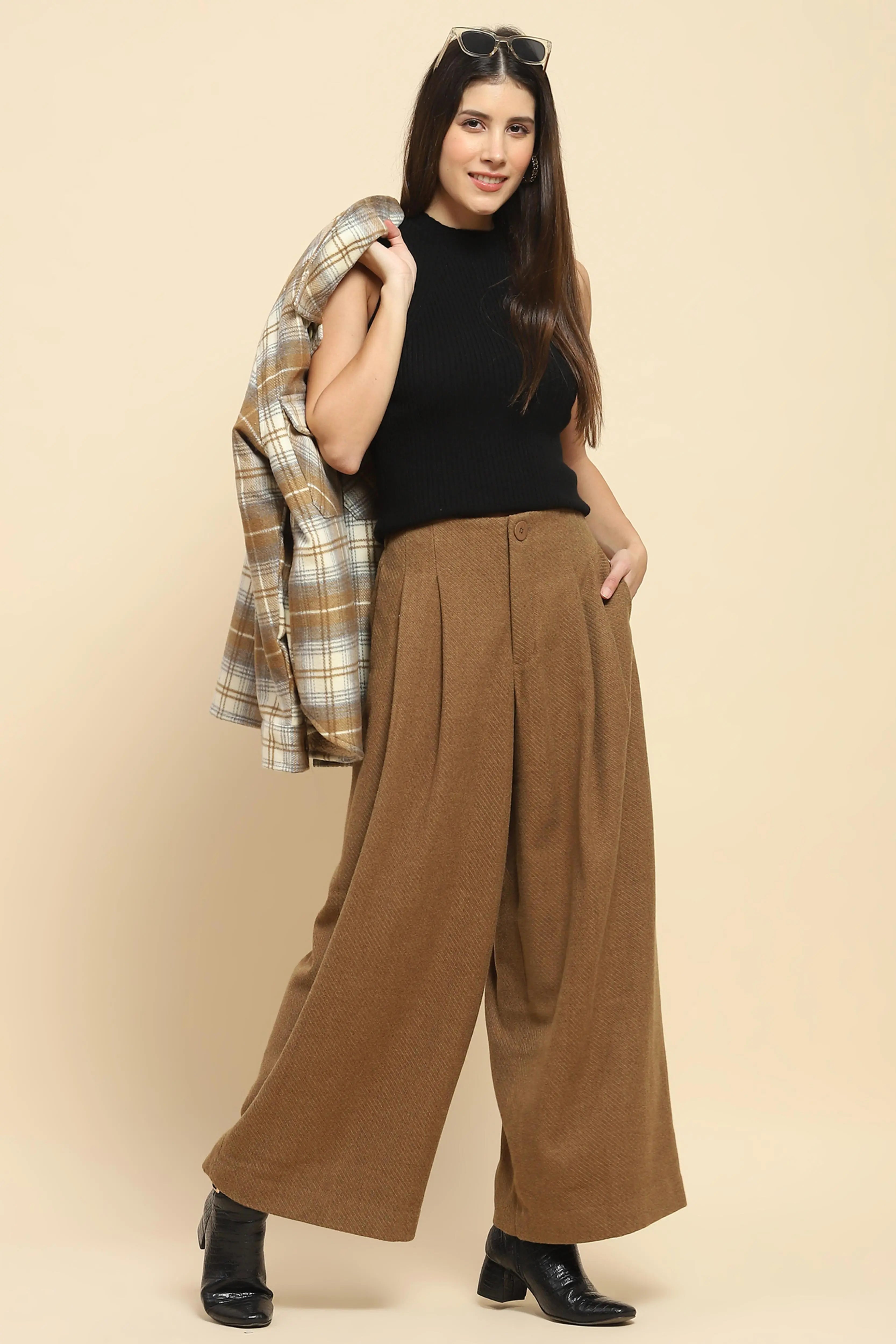 Brown Viscose Wide Leg Winter Trouser