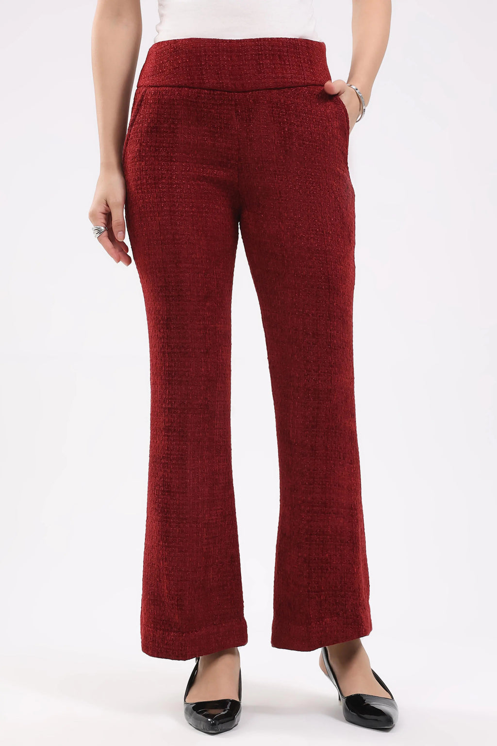 Maroon Wool Blend Bootcut Trousers