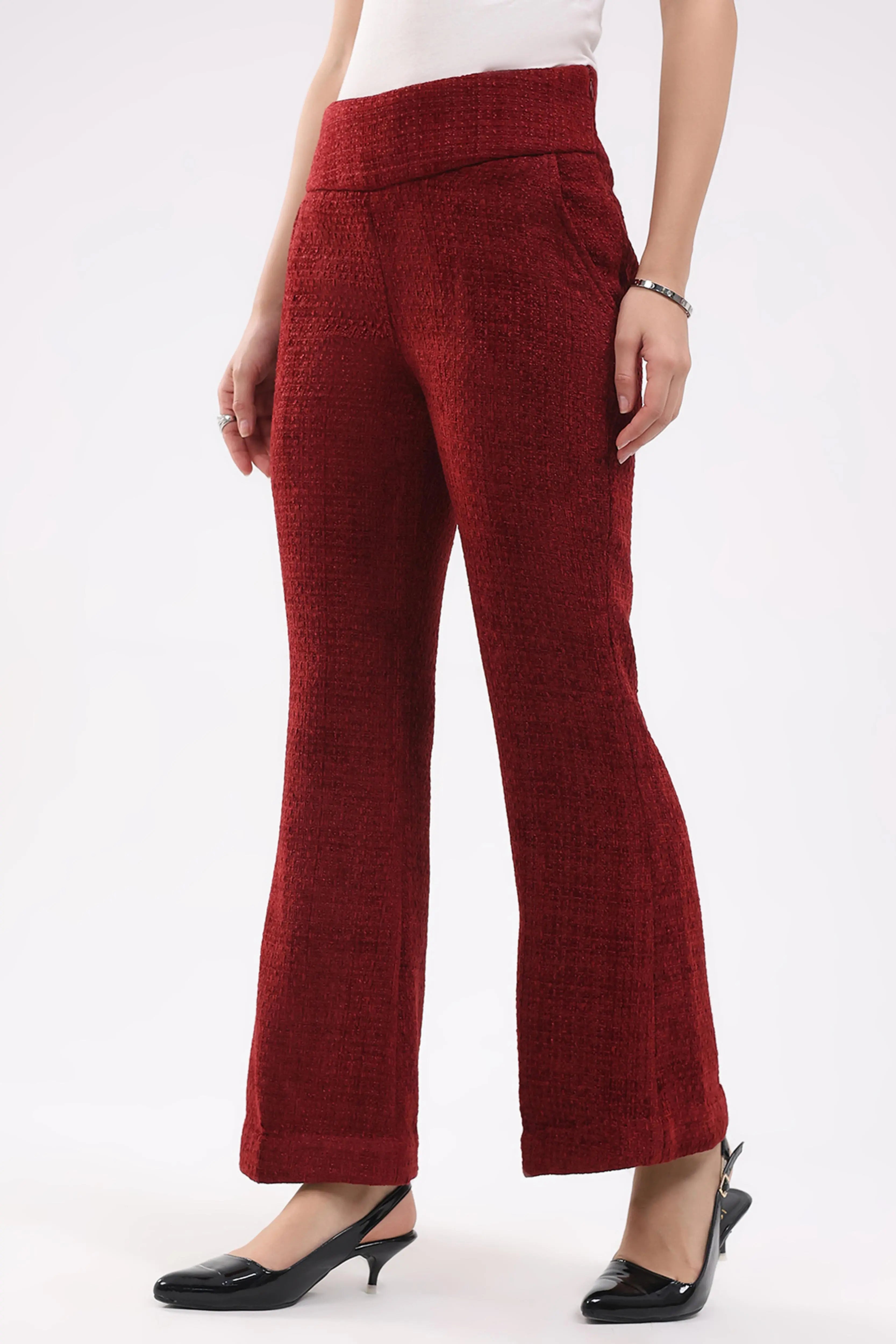 Maroon Wool Blend Bootcut Trousers