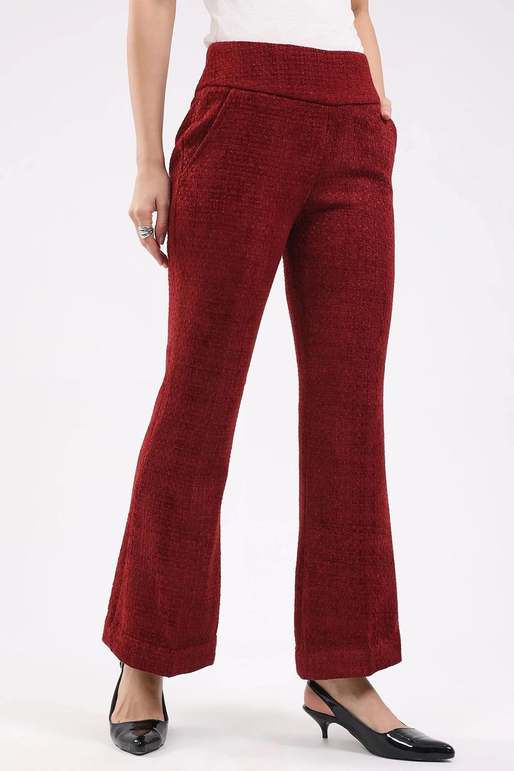 Maroon Wool Blend Bootcut Trousers