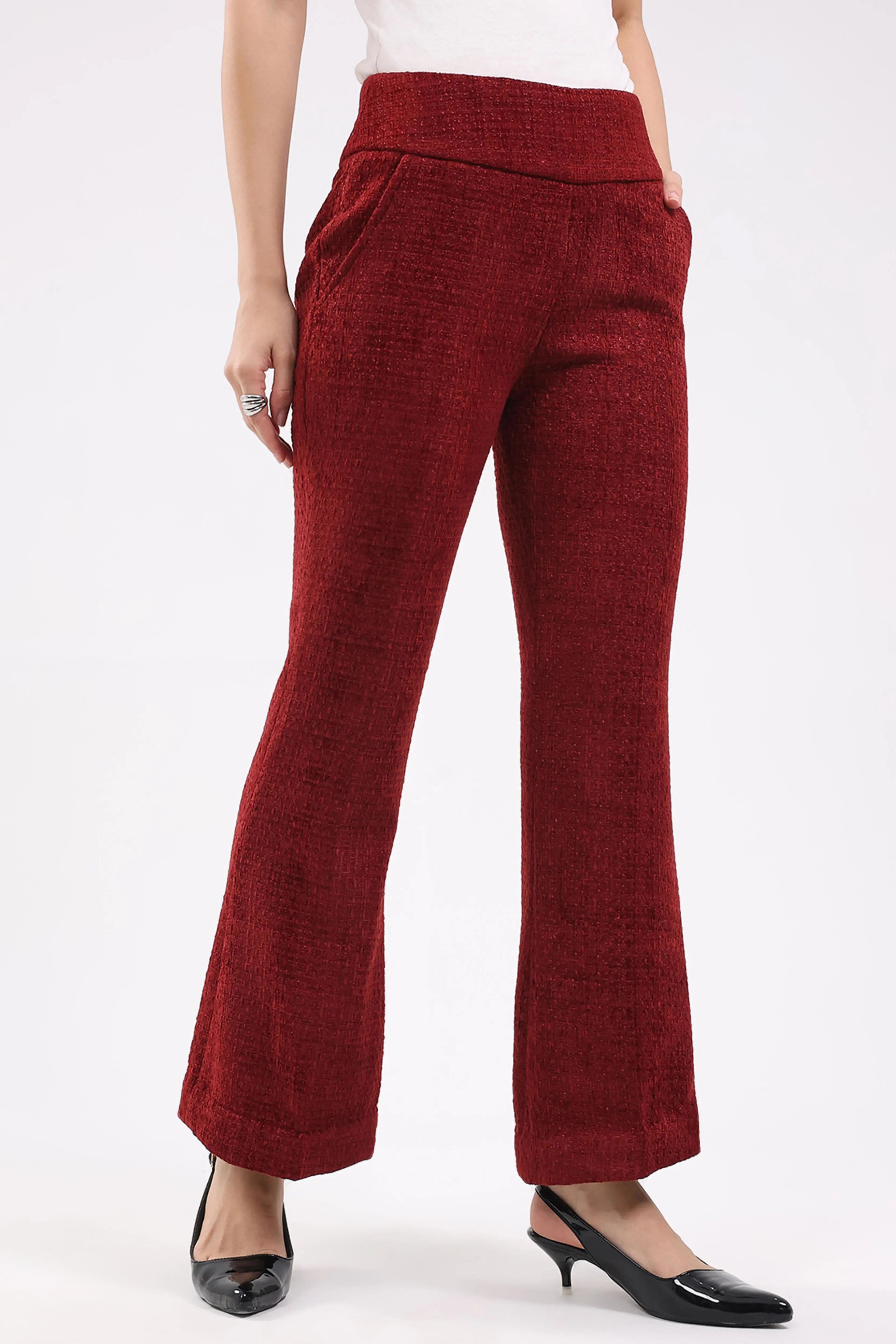 Maroon Wool Blend Bootcut Trousers