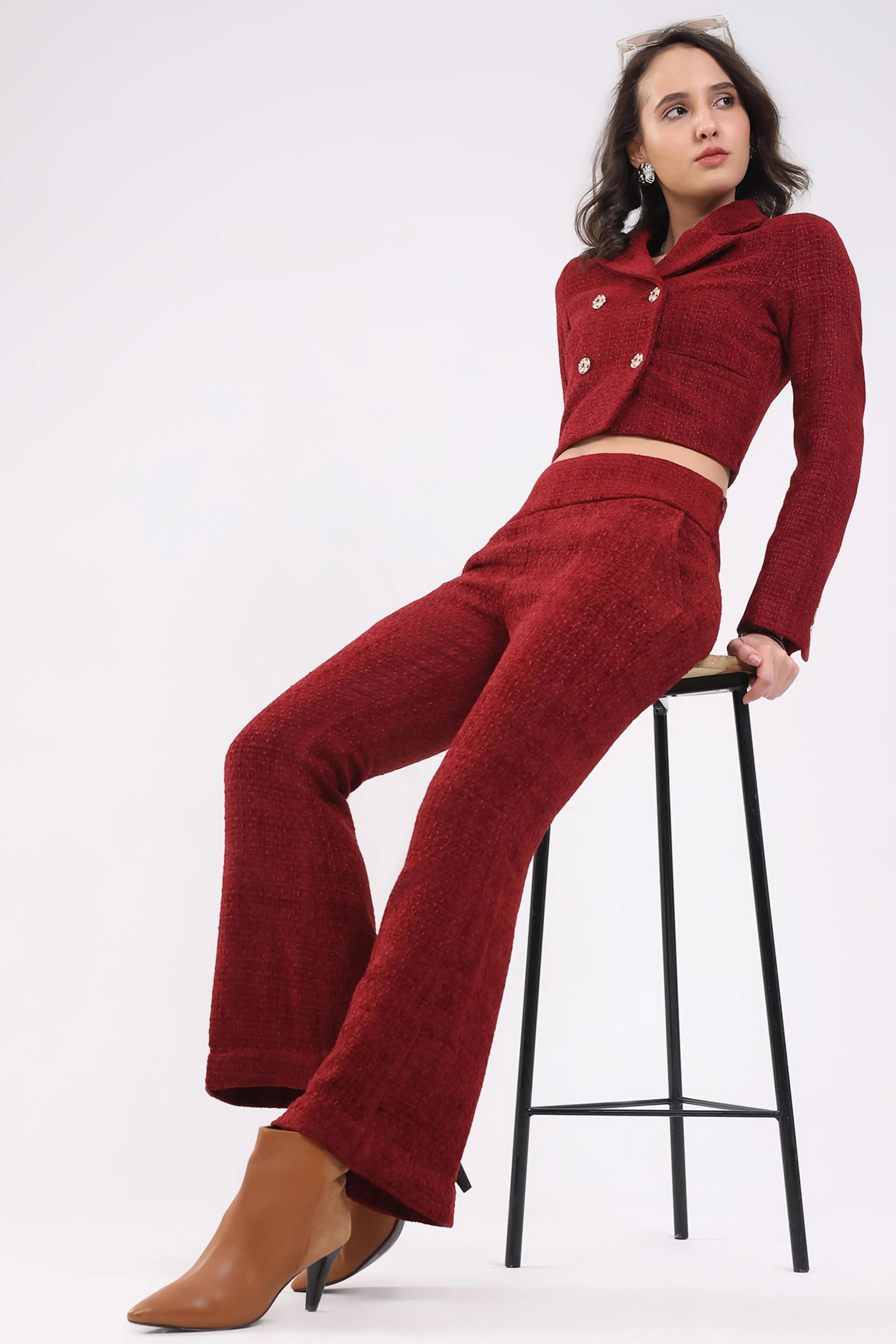 Maroon Wool Blend Bootcut Trousers
