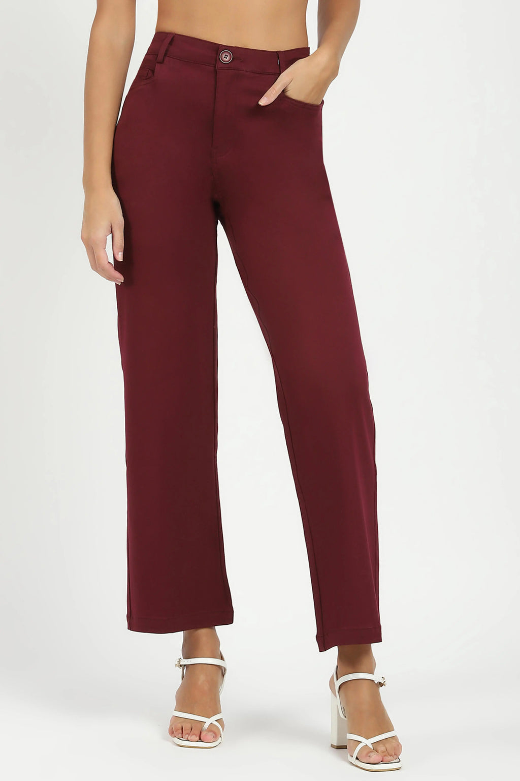 Wine Stretchable Loose Fit Trousers